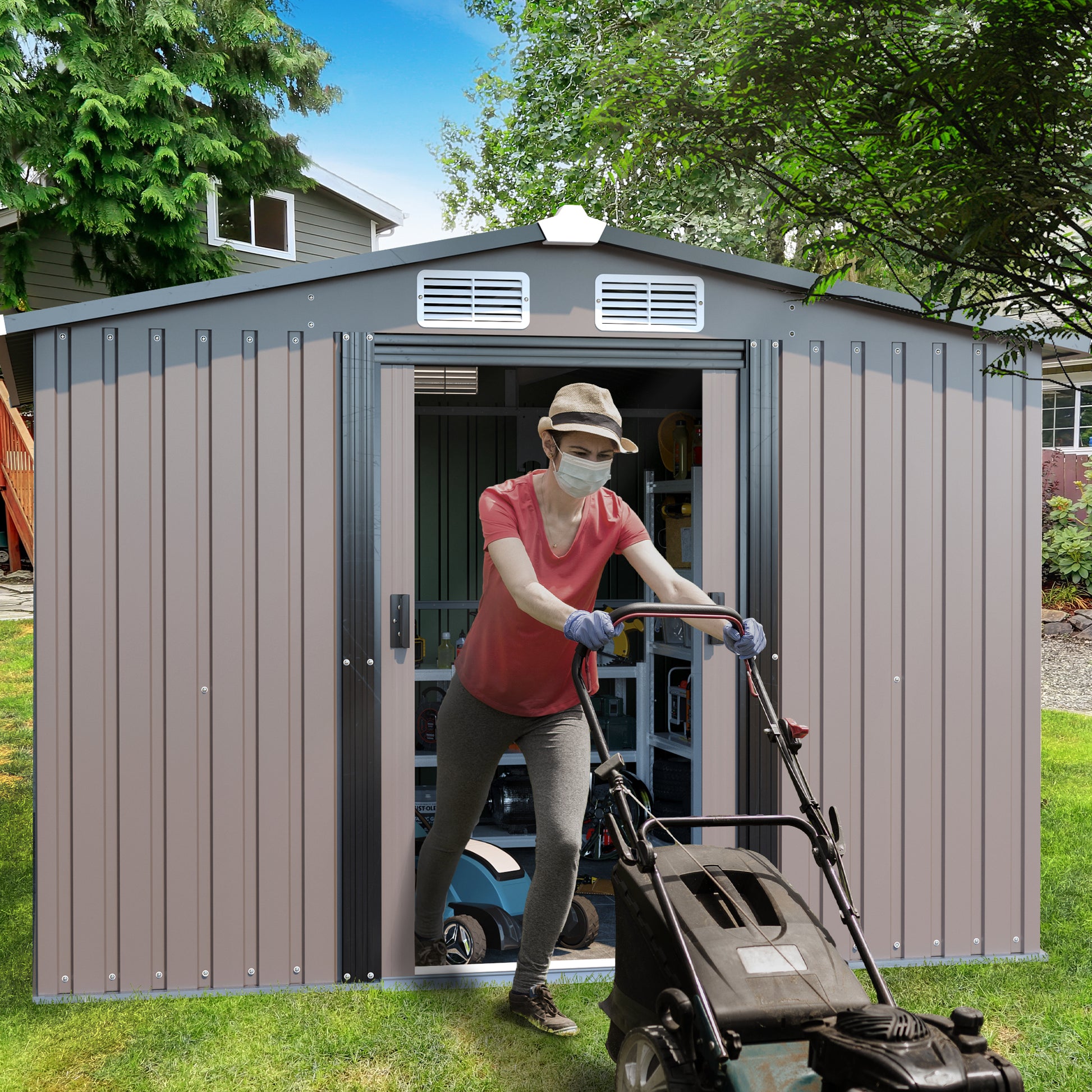 Patio, Lawn & Garden,Metal Outdoor Storage Shed 10Ft X 8Ft, Clearance With Lockable Door Metal Garden Shed Steel Anti Corrosion Storage House Waterproof Tool Shed For Backyard Patio, Lawn And Garden Brown Year Round Use Metal