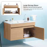 24 Inch Wall Mounted Bathroom Vanity With White Ceramic Basin,Two Soft Close Cabinet Doors, Solid Wood,Excluding Faucets,Light Oak Light Oak Solid Wood