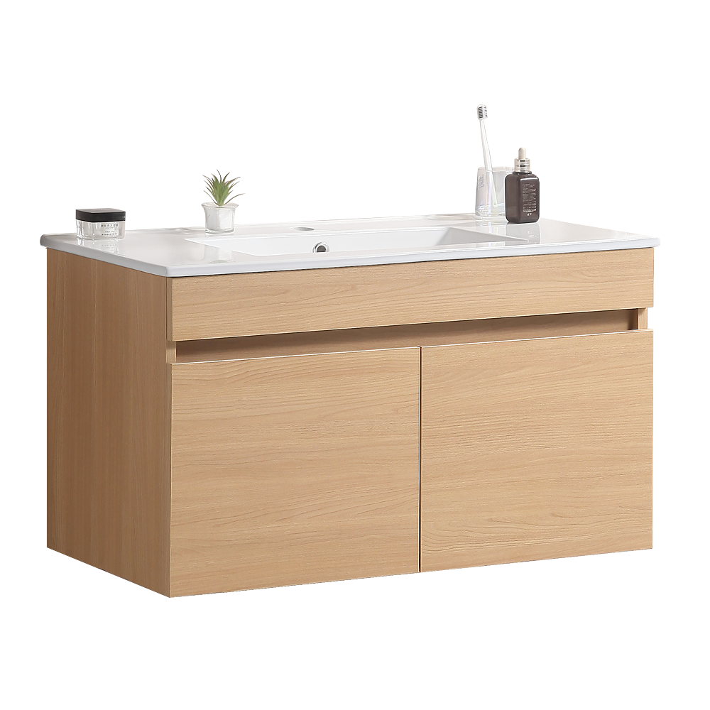 24 Inch Wall Mounted Bathroom Vanity With White Ceramic Basin,Two Soft Close Cabinet Doors, Solid Wood,Excluding Faucets,Light Oak Light Oak Solid Wood