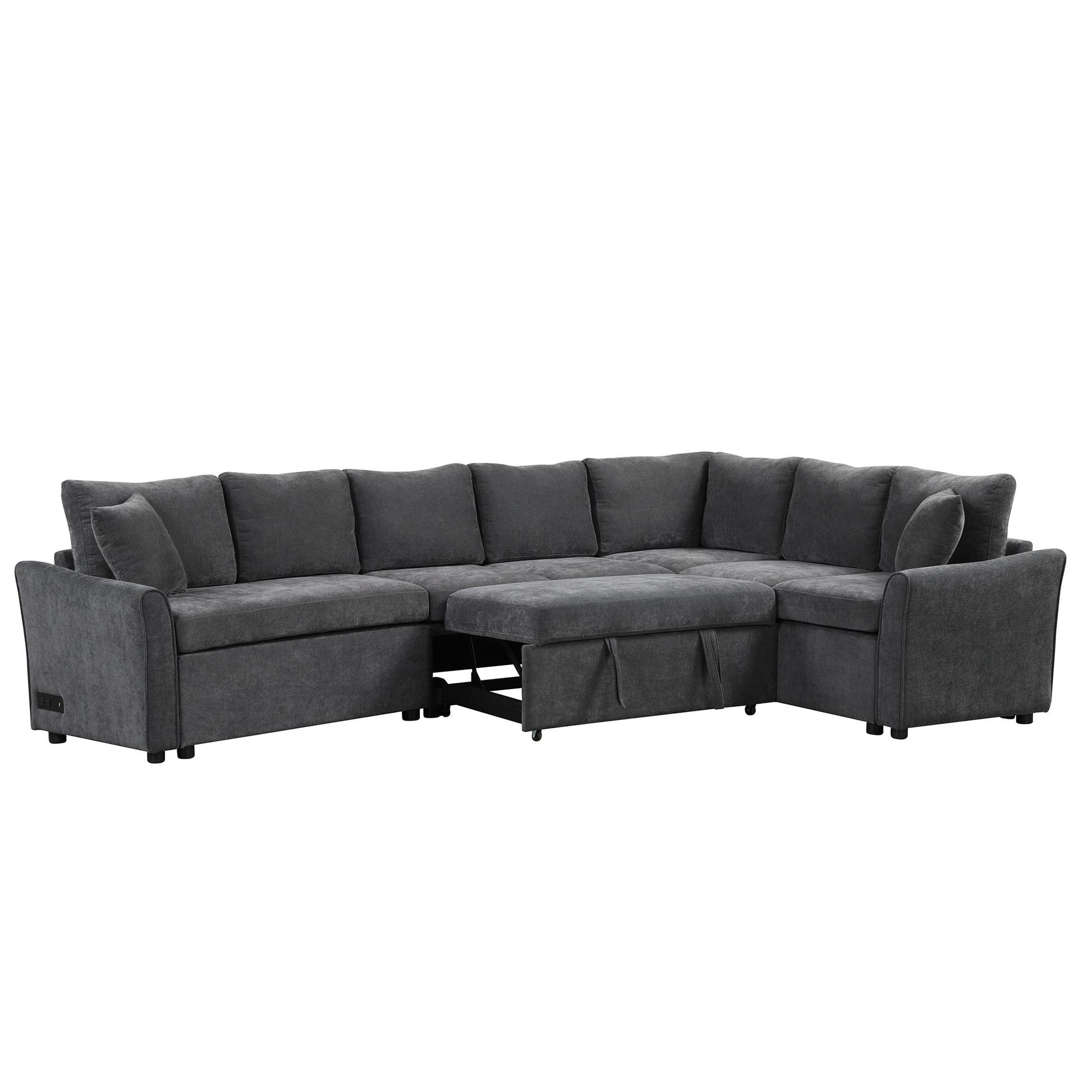 124.8"L Shaped Sofa Convertible Sofa Bed Pull Out Sofa Sleeper With Two Back Pillows, Two Usb Ports And Two Power Sockets For Living Room, Gray Old Sku:Sg000890Aae Gray Foam Chenille 6 Seat