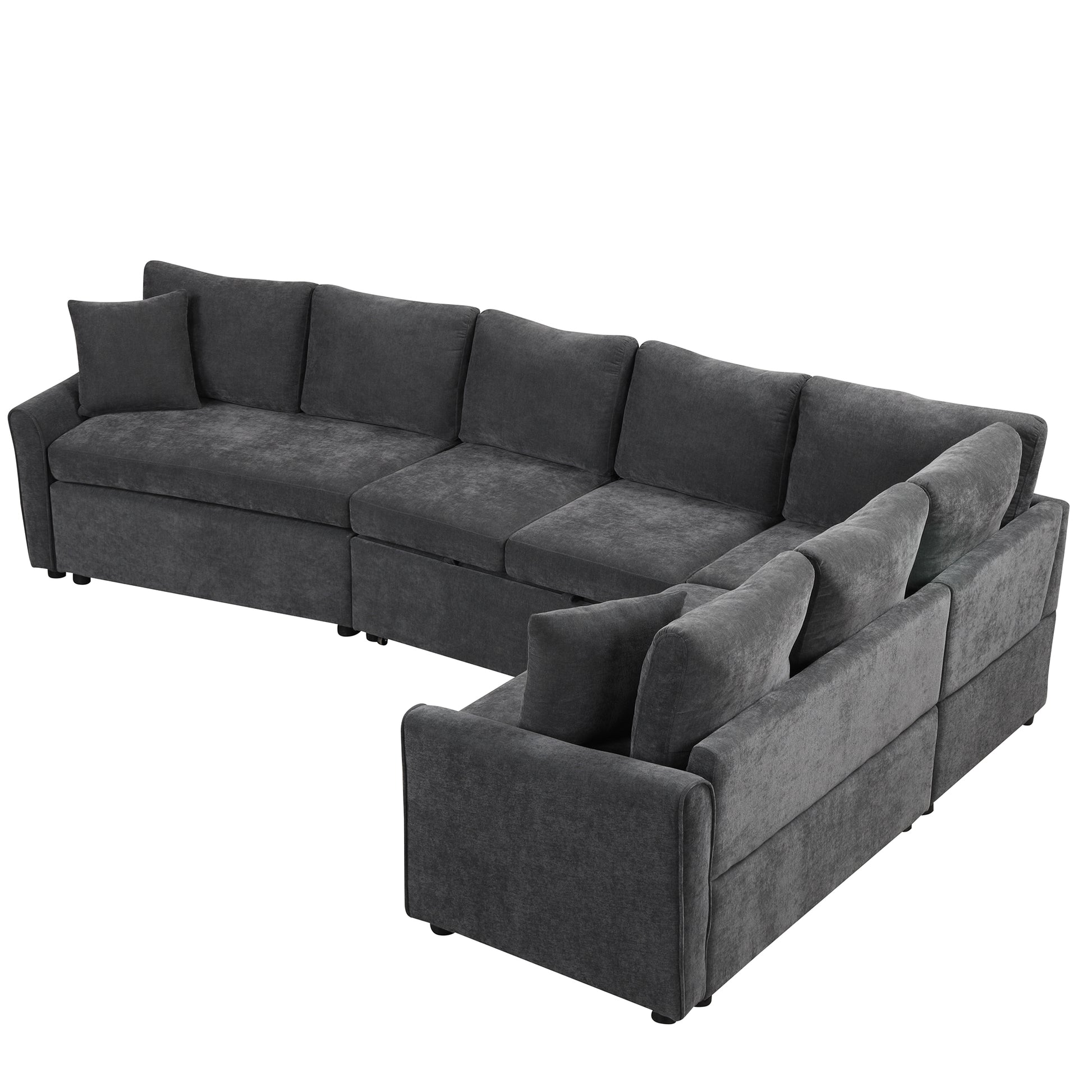 124.8"L Shaped Sofa Convertible Sofa Bed Pull Out Sofa Sleeper With Two Back Pillows, Two Usb Ports And Two Power Sockets For Living Room, Gray Old Sku:Sg000890Aae Gray Foam Chenille 6 Seat