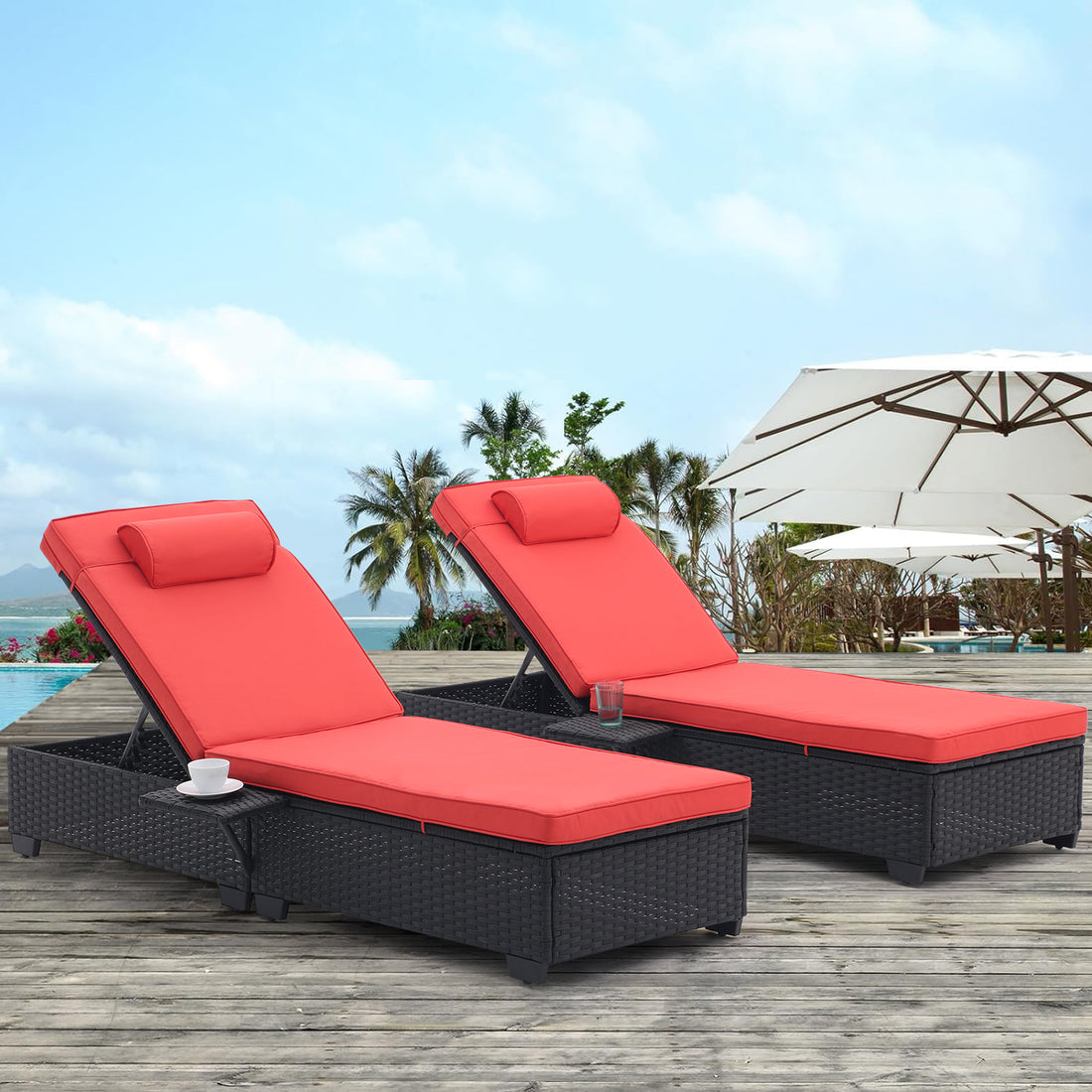 Outdoor Patio Chaise Lounge Chair,Lying In Bed With Pe Rattan And Steel Frame,Pe Wickers,Pool Recliners With Elegant Reclining Adjustable Backrest And Removable Cushions Sets Of 2 Black Red Yes Black Red Garden & Outdoor Pe Rattan Iron Waterproof Fabric