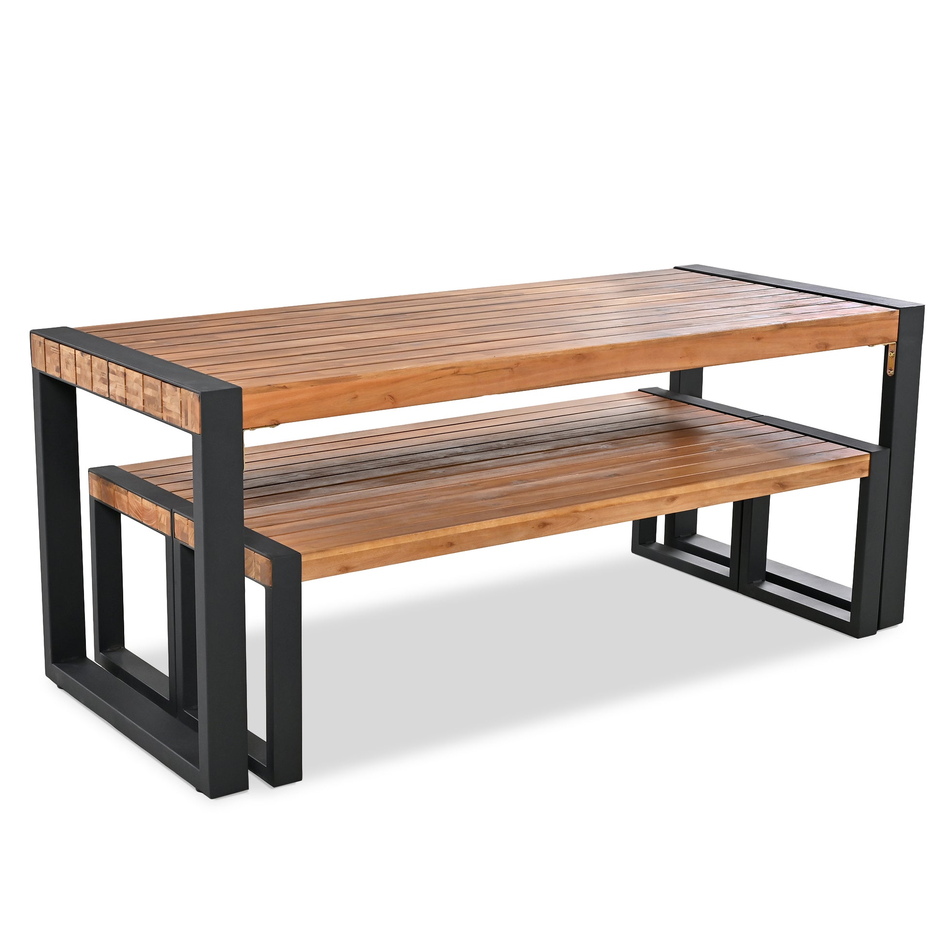 3 Pieces Outdoor Dining Table With 2 Benches, Patio Dining Set With Unique Top Texture, Acacia Wood Top & Steel Frame, All Weather Use, For Outdoor & Indoor, Natural No Acacia Wood Garden & Outdoor Acacia Wood