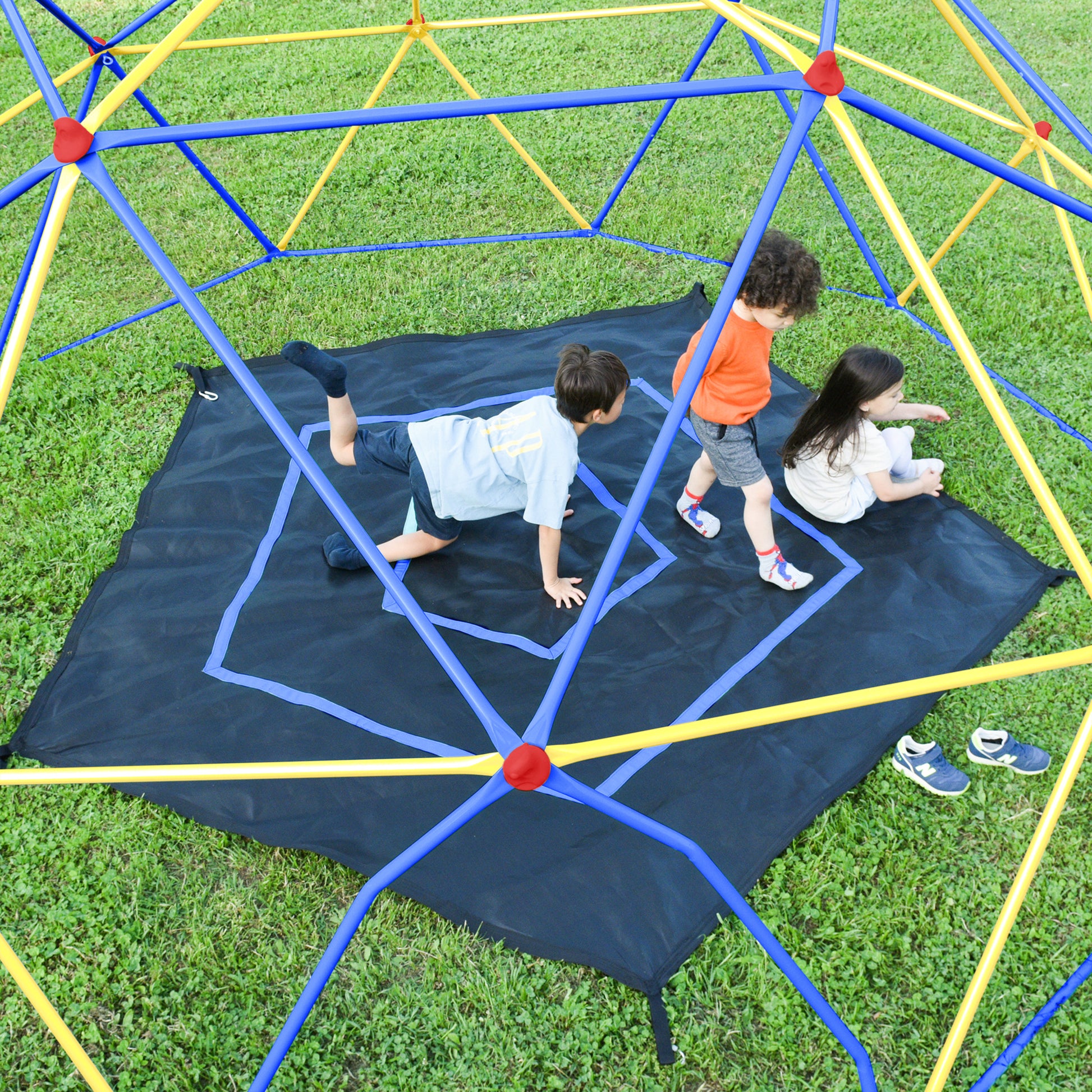 10Ft Geometric Dome Climber Play Center, Kids Climbing Dome Tower With Hammock, Rust & Uv Resistant Steel Supporting 1000 Lbs Blue Yellow Metal