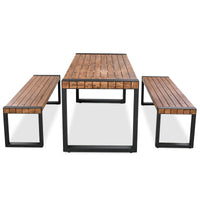 3 Pieces Outdoor Dining Table With 2 Benches, Patio Dining Set With Unique Top Texture, Acacia Wood Top & Steel Frame, All Weather Use, For Outdoor & Indoor, Natural No Acacia Wood Garden & Outdoor Acacia Wood