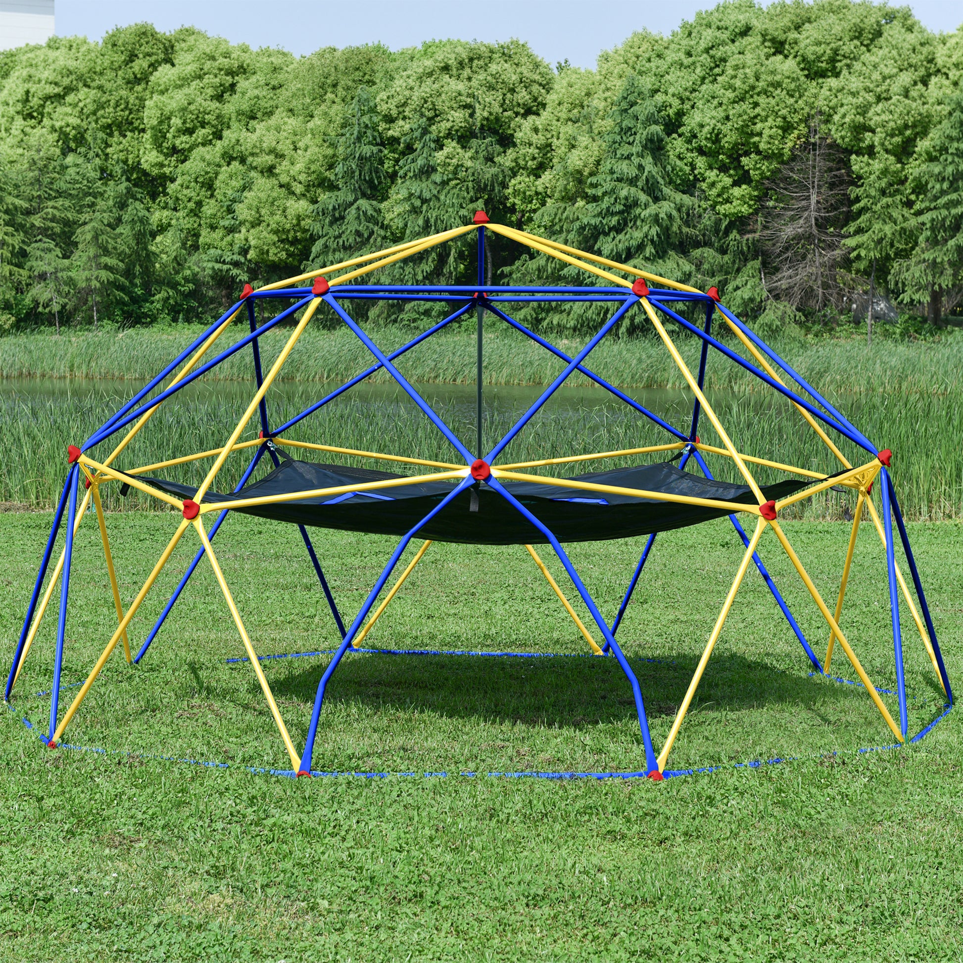 10Ft Geometric Dome Climber Play Center, Kids Climbing Dome Tower With Hammock, Rust & Uv Resistant Steel Supporting 1000 Lbs Blue Yellow Metal