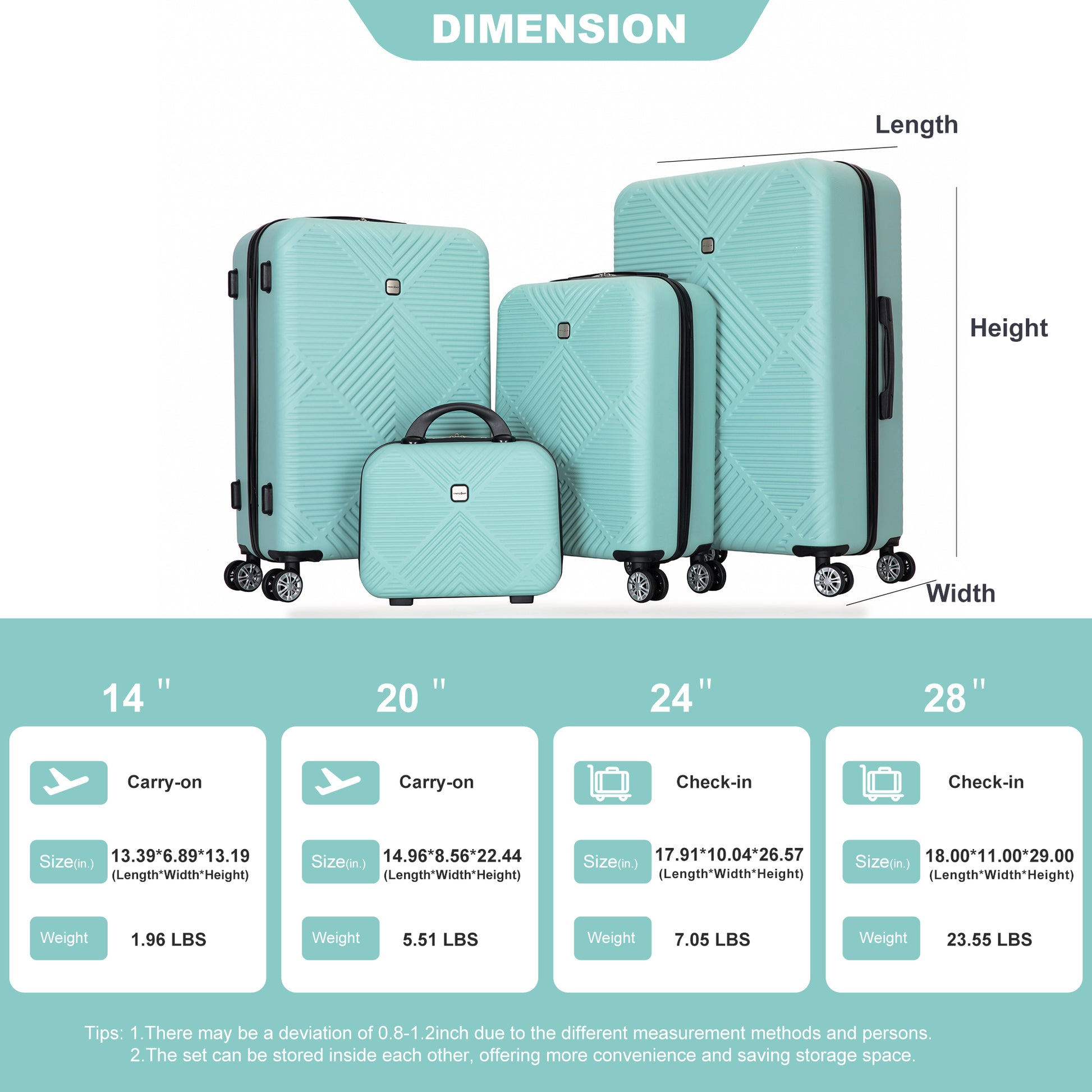 4 Piece Abs Lightweight Suitcase, 14 Inch Makeup Box, Aircraft Wheels 14 20 24 28 Light Blue Light Blue Abs