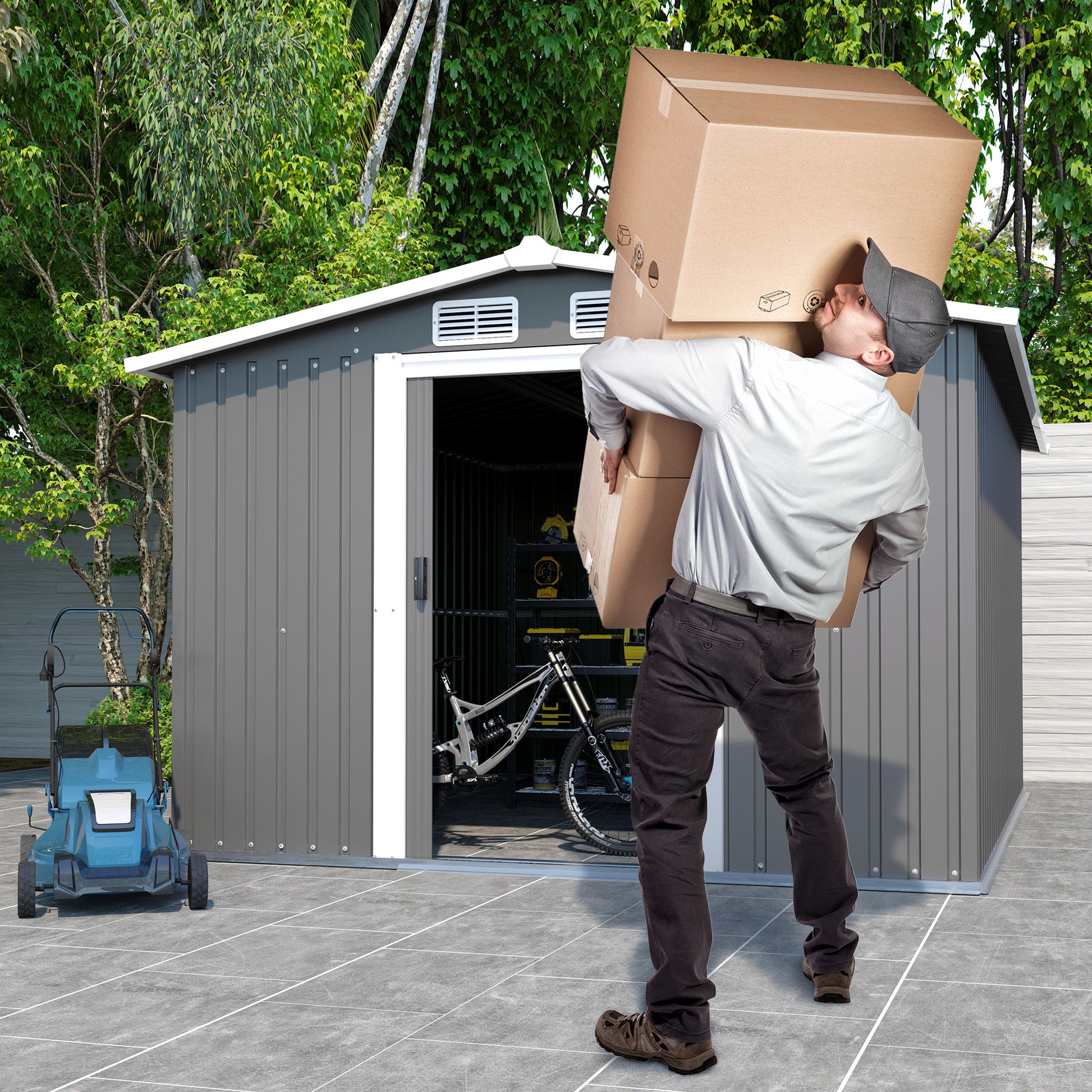 Patio, Lawn & Garden,Metal Outdoor Storage Shed 10Ft X 8Ft, Clearance With Lockable Door Metal Garden Shed Steel Anti Corrosion Storage House Waterproof Tool Shed For Backyard Patio, Lawn And Garden Grey Year Round Use Metal