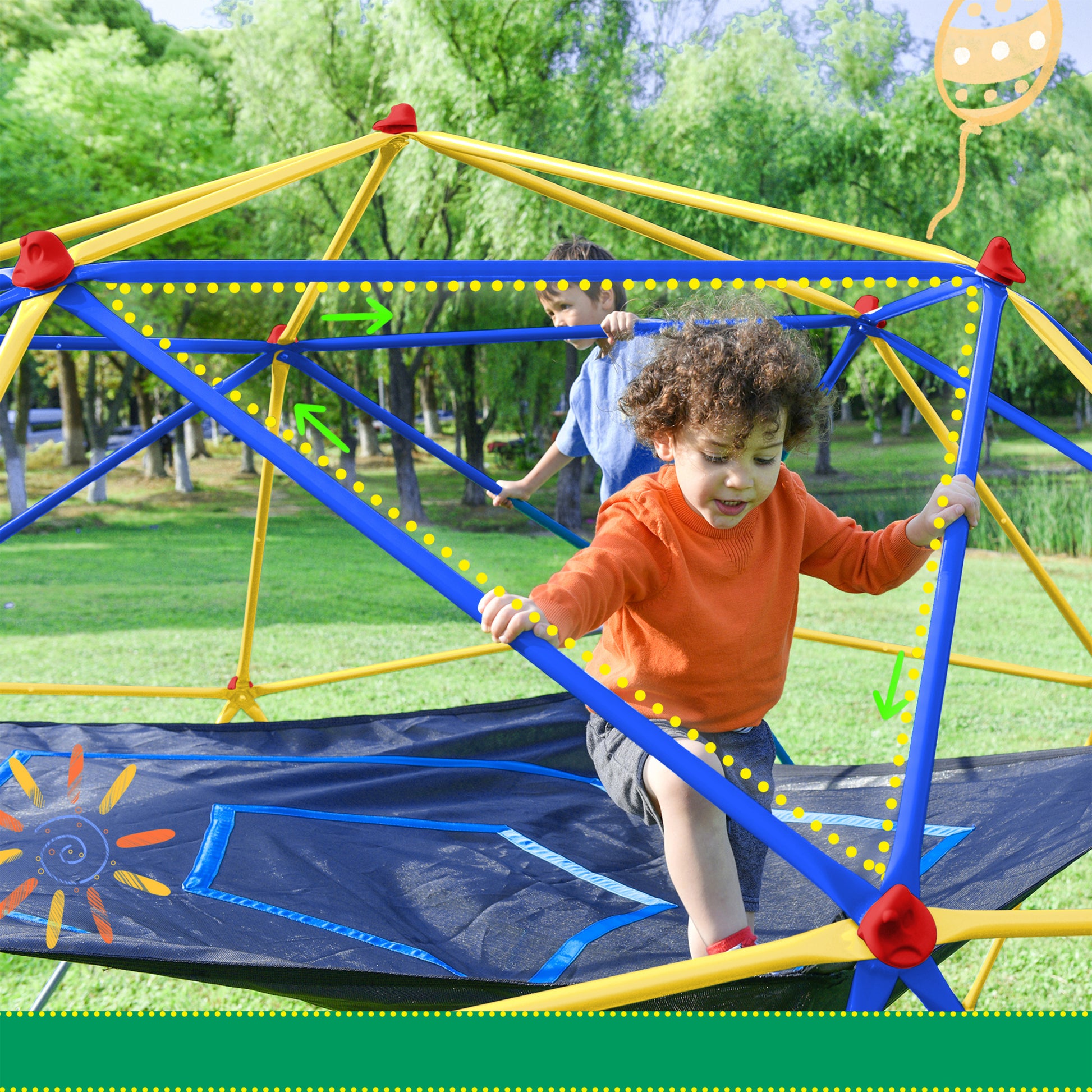 10Ft Geometric Dome Climber Play Center, Kids Climbing Dome Tower With Hammock, Rust & Uv Resistant Steel Supporting 1000 Lbs Blue Yellow Metal