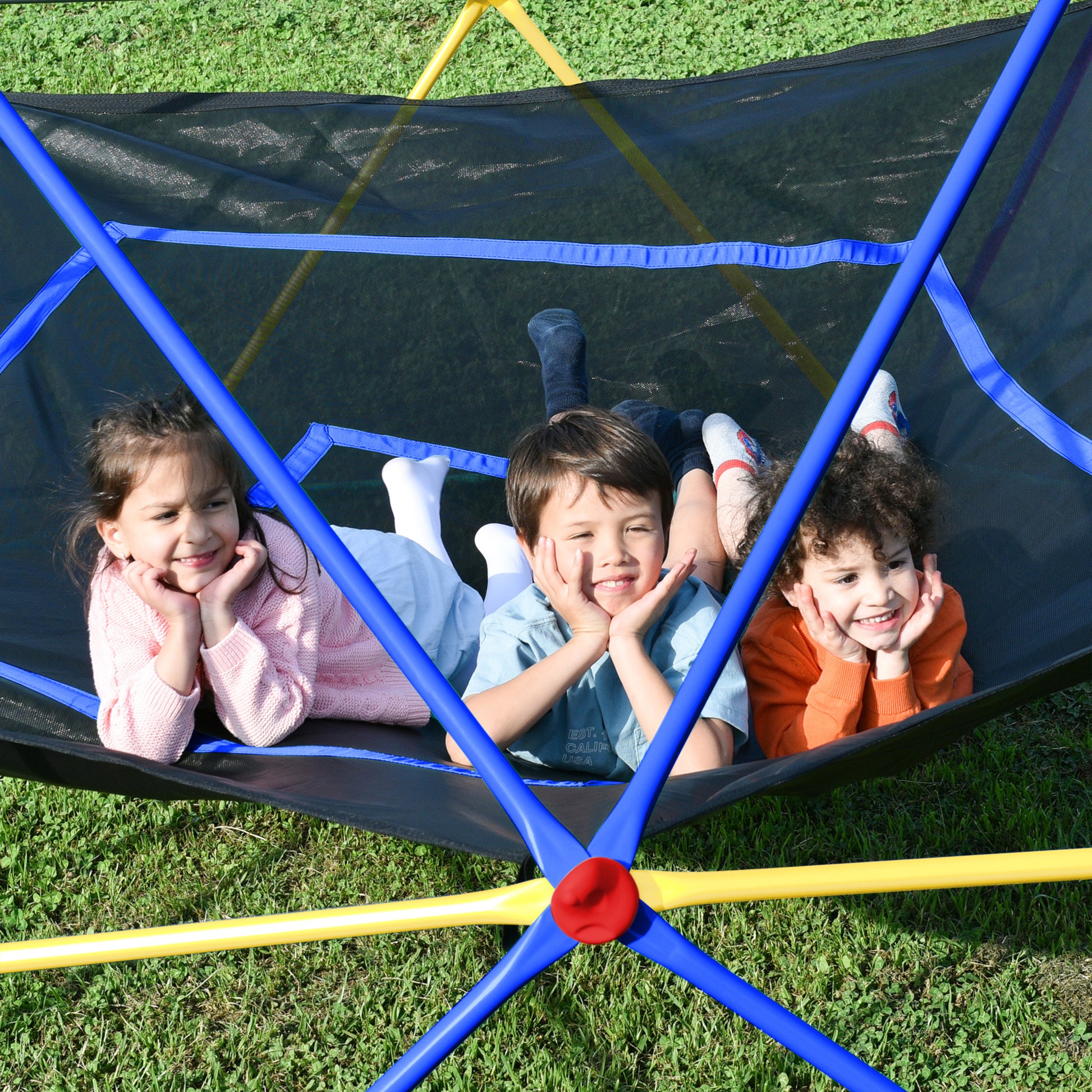 10Ft Geometric Dome Climber Play Center, Kids Climbing Dome Tower With Hammock, Rust & Uv Resistant Steel Supporting 1000 Lbs Blue Yellow Metal