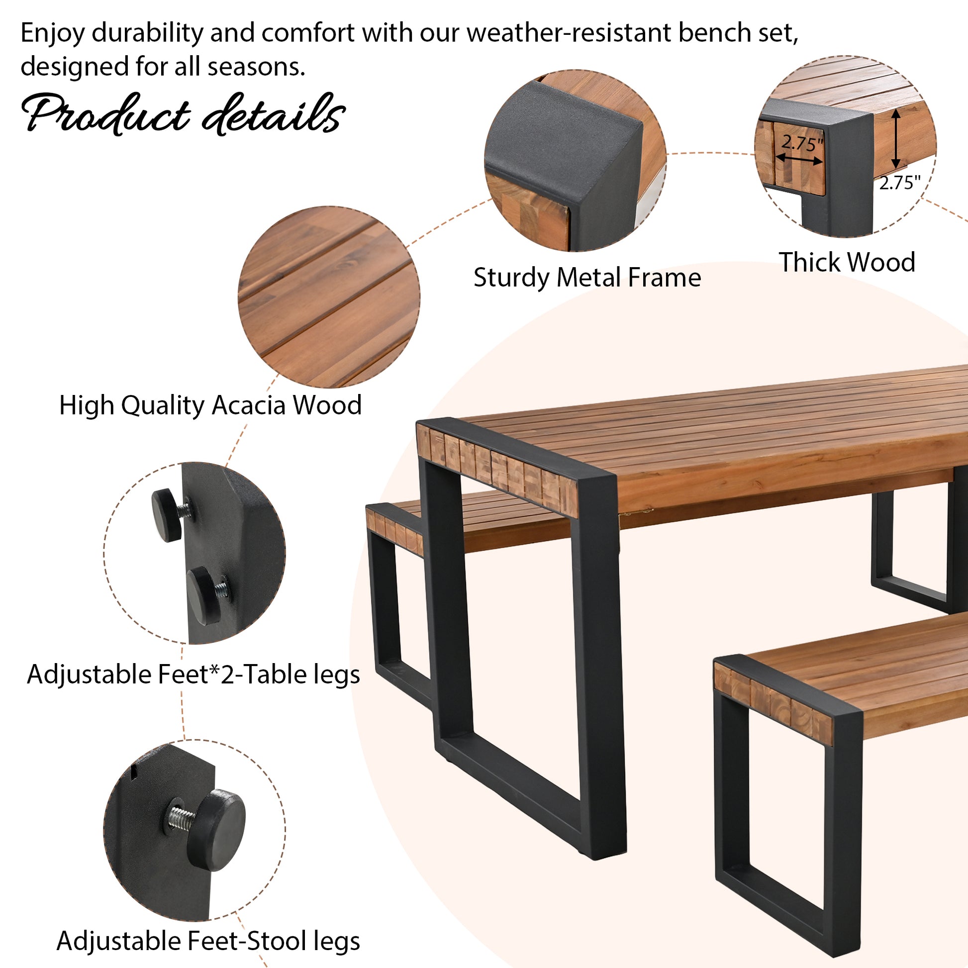 3 Pieces Outdoor Dining Table With 2 Benches, Patio Dining Set With Unique Top Texture, Acacia Wood Top & Steel Frame, All Weather Use, For Outdoor & Indoor, Natural No Acacia Wood Garden & Outdoor Acacia Wood