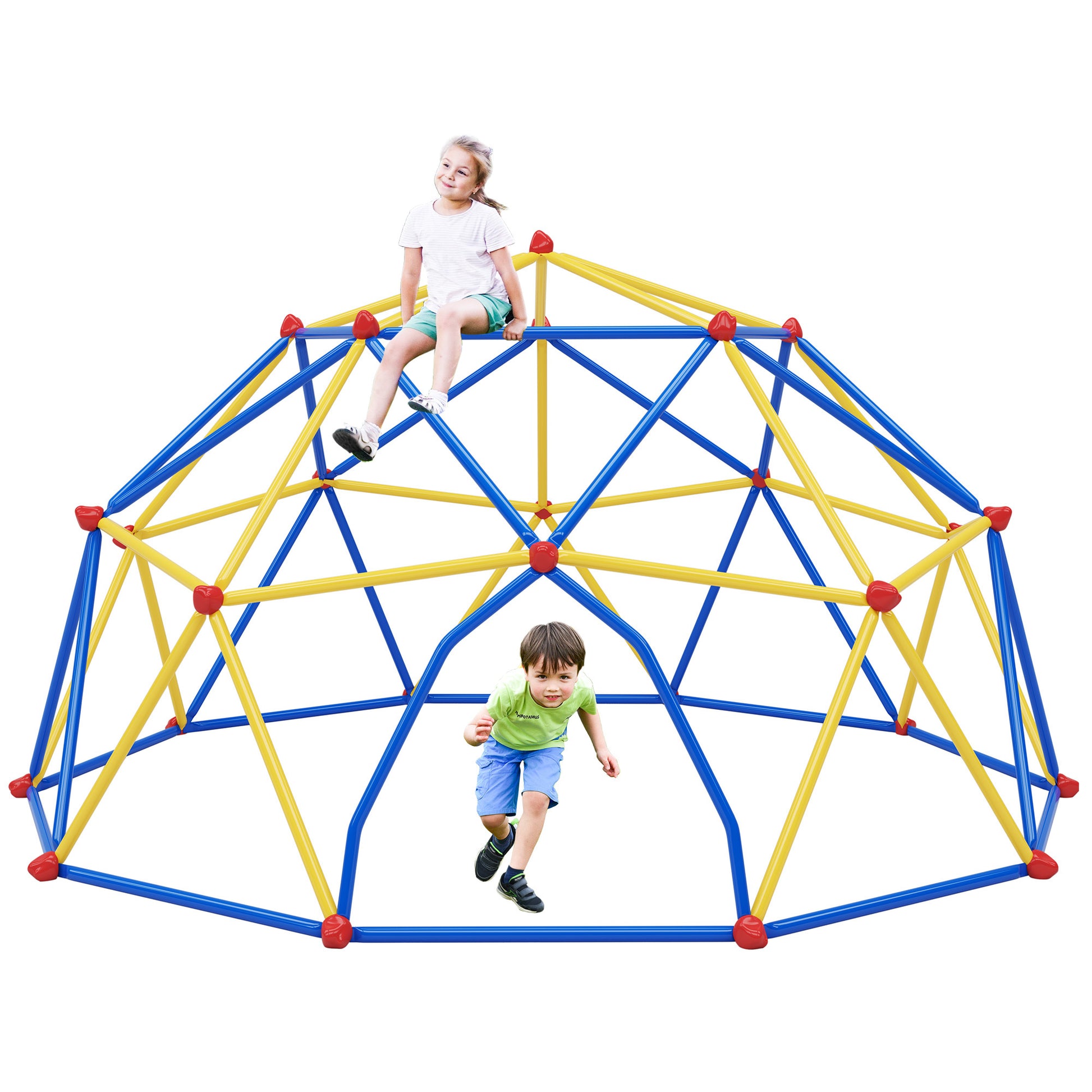 10Ft Geometric Dome Climber Play Center, Kids Climbing Dome Tower With Hammock, Rust & Uv Resistant Steel Supporting 1000 Lbs Blue Yellow Metal