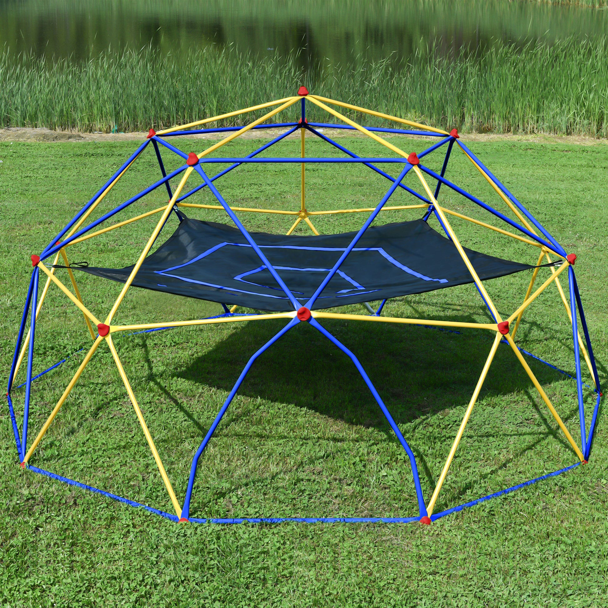 10Ft Geometric Dome Climber Play Center, Kids Climbing Dome Tower With Hammock, Rust & Uv Resistant Steel Supporting 1000 Lbs Blue Yellow Metal