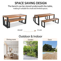 3 Pieces Outdoor Dining Table With 2 Benches, Patio Dining Set With Unique Top Texture, Acacia Wood Top & Steel Frame, All Weather Use, For Outdoor & Indoor, Natural No Acacia Wood Garden & Outdoor Acacia Wood