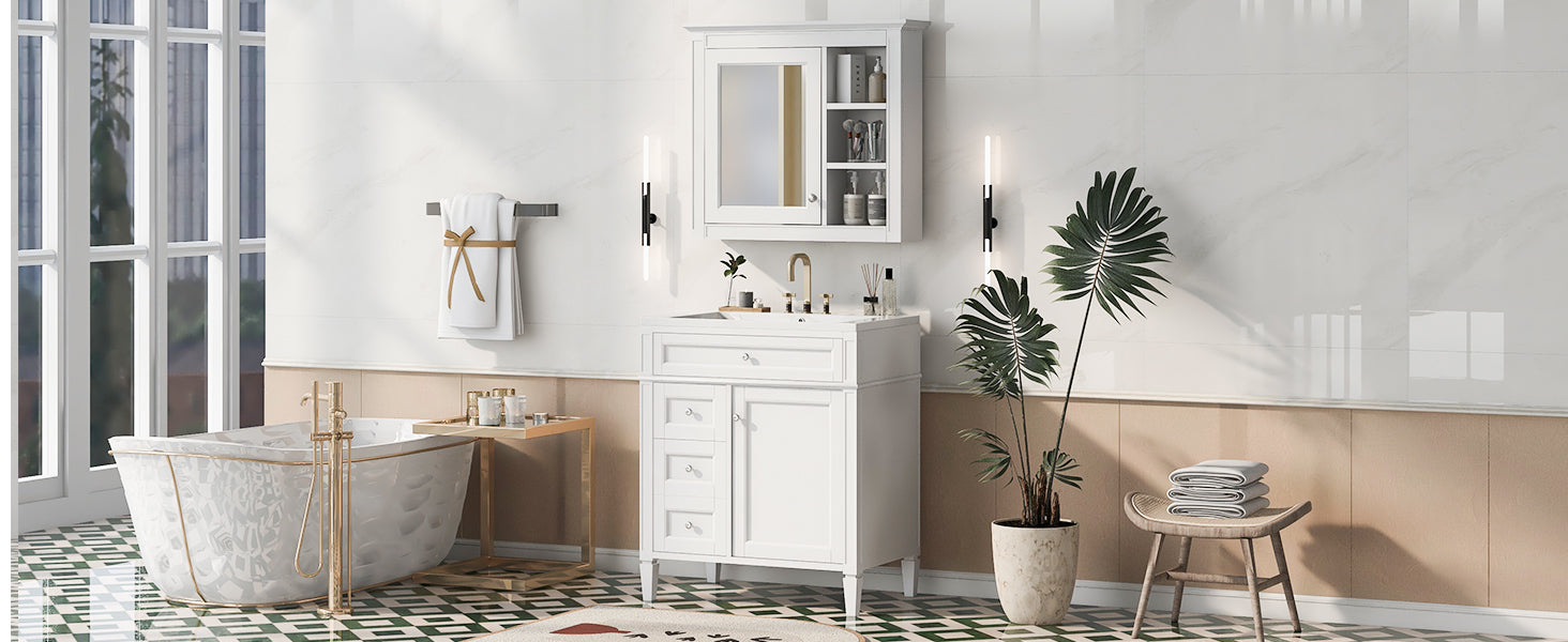 30'' Bathroom Vanity With Top Sink, Modern Bathroom Storage Cabinet With 2 Drawers And A Tip Out Drawer, Freestanding Vanity Set With Mirror Cabinet, Single Sink Bathroom Vanity 3 White 2 5 Bathroom Freestanding Solid Wood Mdf Resin Painted