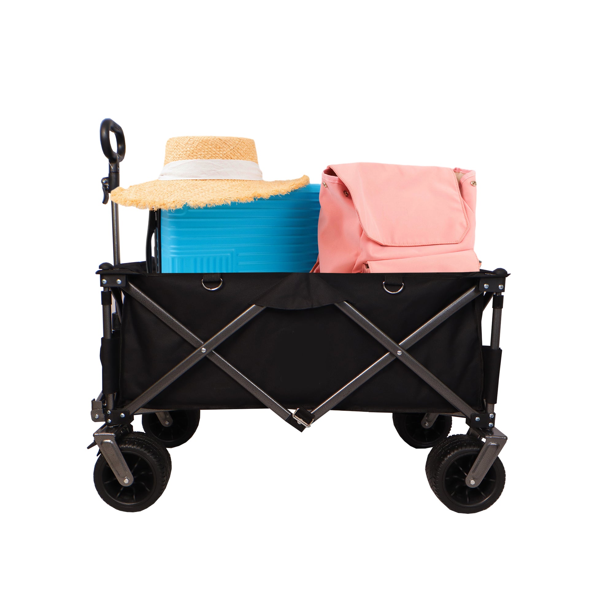Folding Wagon, Heavy Duty Utility Beach Wagon Cart For Sand With Big Wheels, Adjustable Handle&Drink Holders For Shopping, Camping,Garden And Outdoor Black Garden & Outdoor American Design Fabric Steel