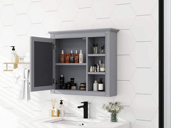 30'' X 28'' Medicine Cabinet, Wall Mounted Bathroom Storage Cabinet, Modern Bathroom Wall Cabinet With Mirror,Medicine Cabinet, Mirror Cabinet With 3 Open Shelves Not Include Bathroom Vanity Grey 1 5 Mirror Included Bathroom Wall Mounted Mdf Glass