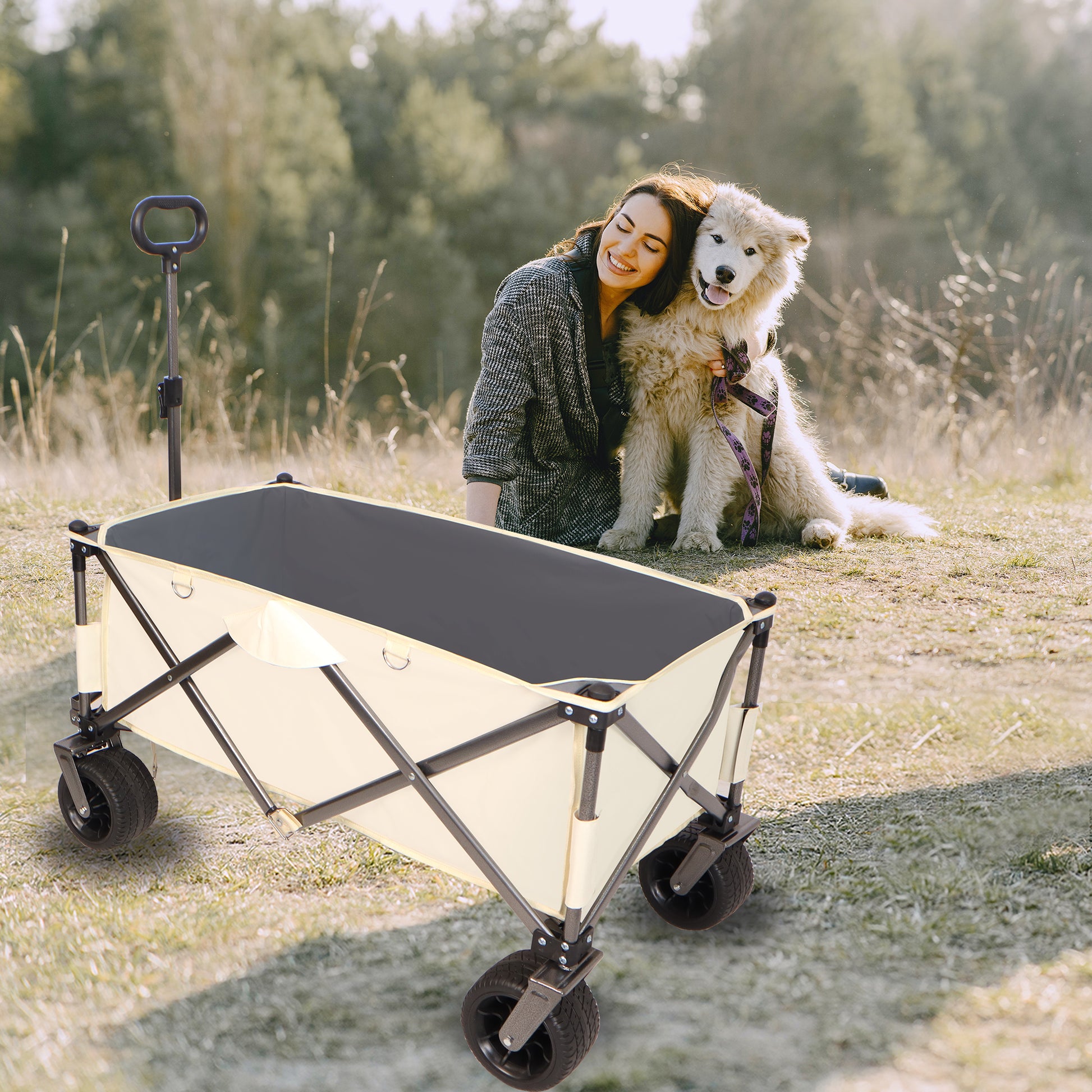 Folding Wagon, Heavy Duty Utility Beach Wagon Cart For Sand With Big Wheels, Adjustable Handle&Drink Holders For Shopping, Camping,Garden And Outdoor Antique White Gray Garden & Outdoor American Design Fabric Steel