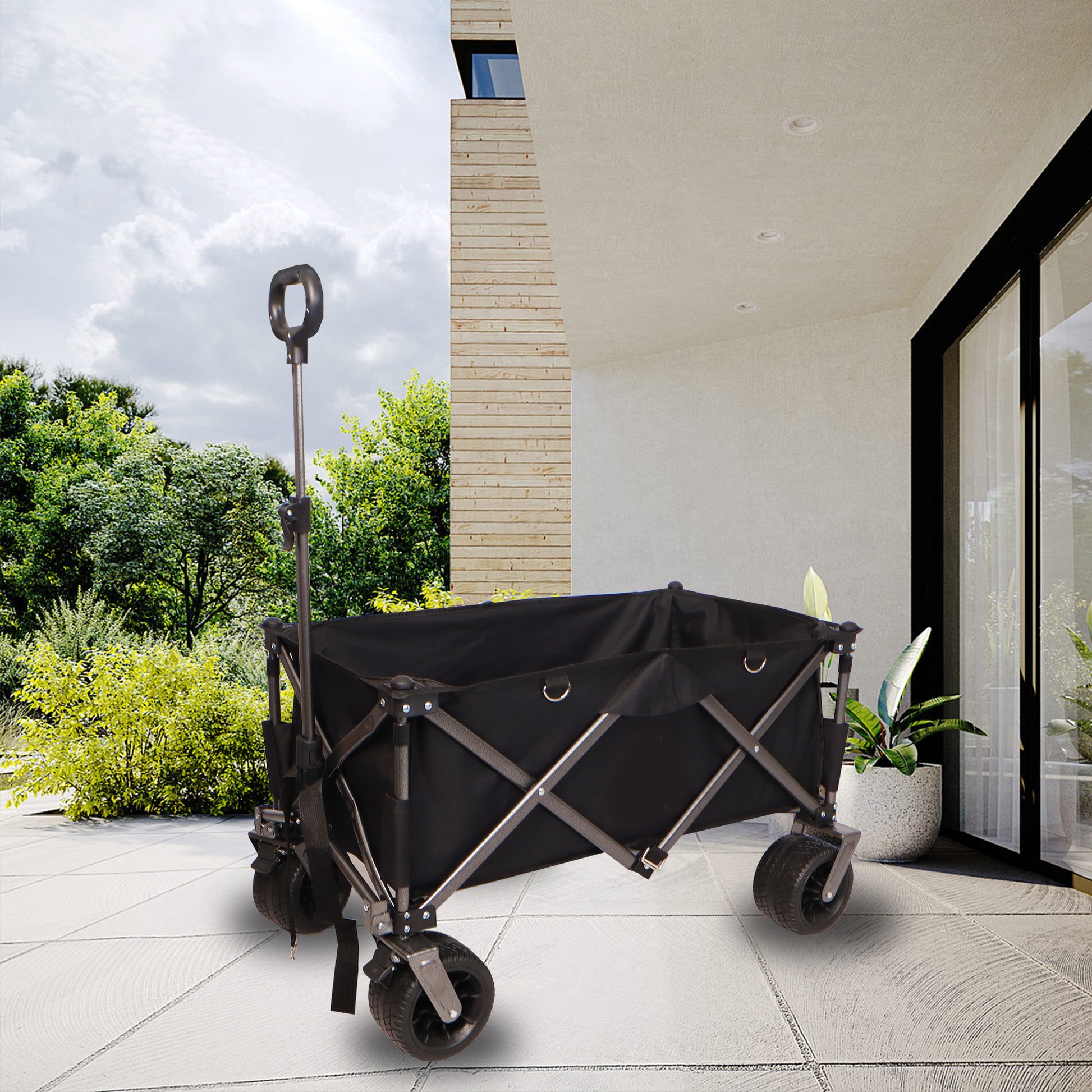 Folding Wagon, Heavy Duty Utility Beach Wagon Cart For Sand With Big Wheels, Adjustable Handle&Drink Holders For Shopping, Camping,Garden And Outdoor Black Garden & Outdoor American Design Fabric Steel