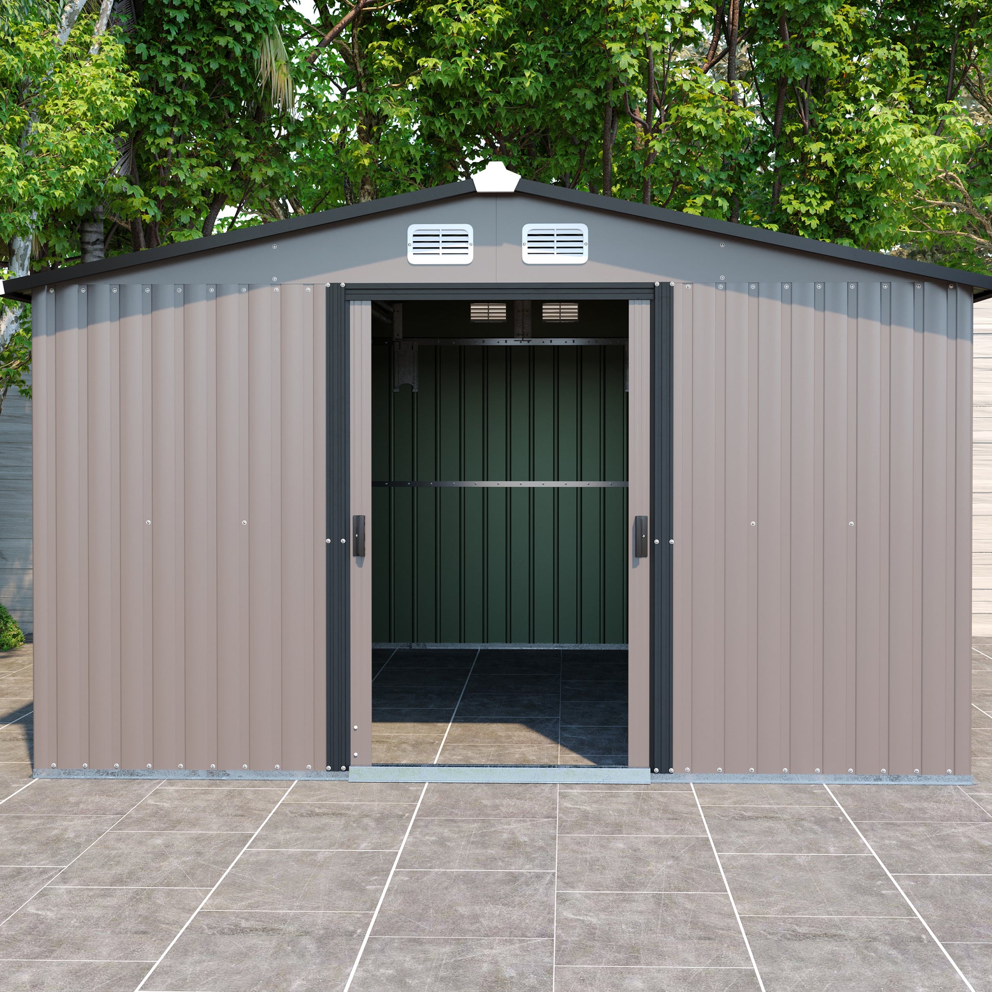 Patio, Lawn & Garden,Metal Outdoor Storage Shed 10Ft X 12Ft,Clearance With Lockable Door Metal Garden Shed Steel Anti Corrosion Storage House Waterproof Tool Shed For Backyard Patio Brown Metal