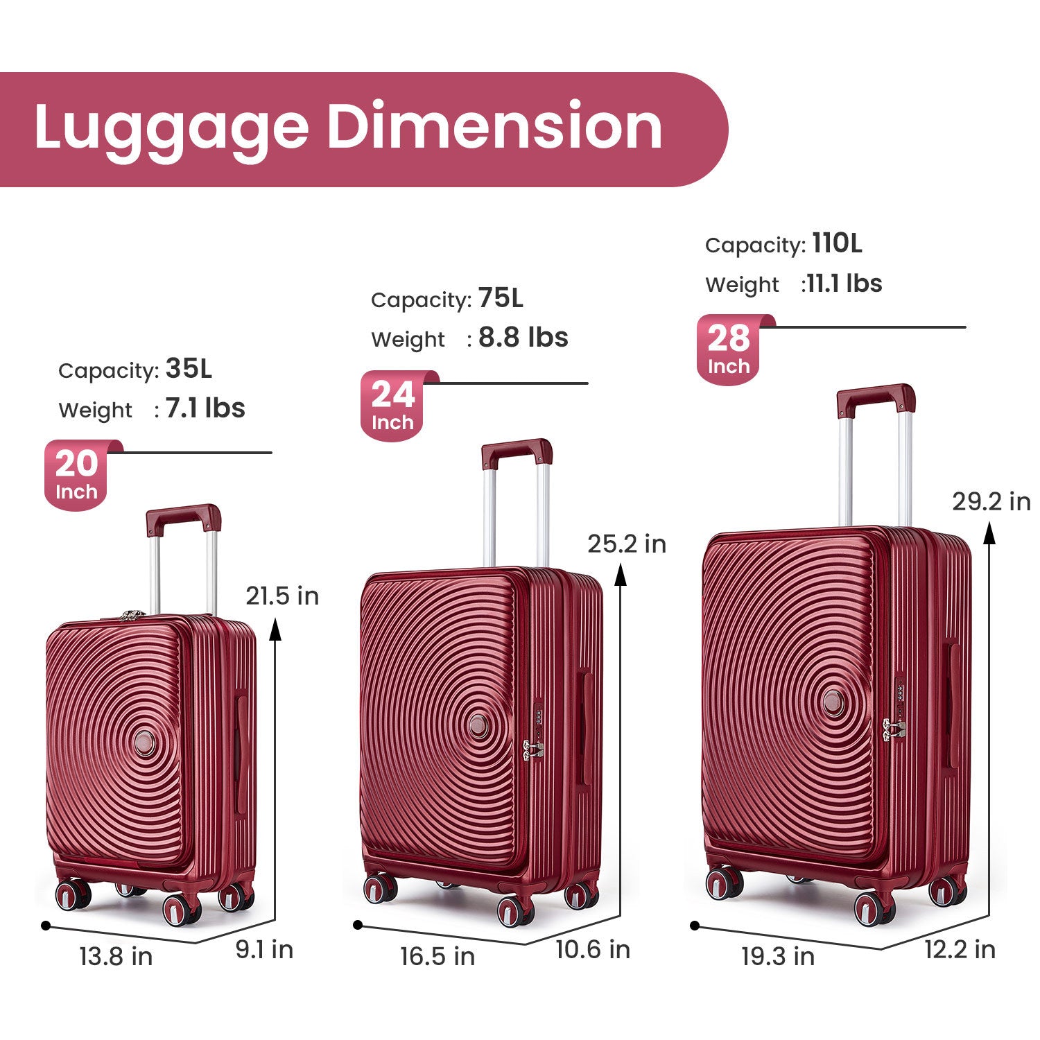 Luggage Sets 3 Piece 20 24 28 , Expandable Carry On Luggage With Tsa Lock Airline Approved, 100% Pc Hard Shell And Lightweight Suitcase With Front Pocket And Spinner Wheels Wine Red Pc