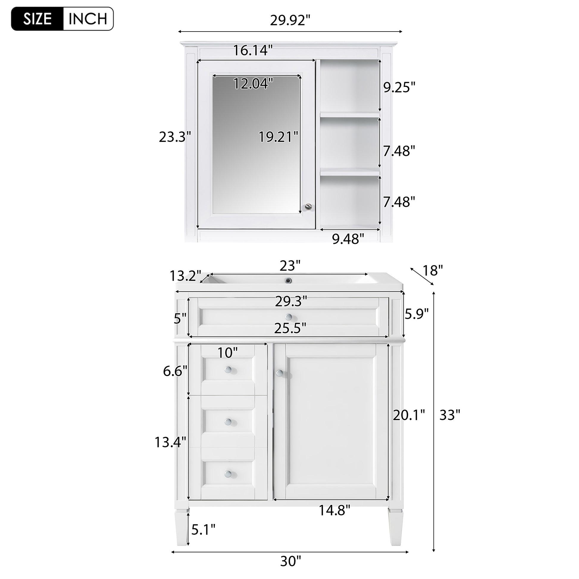 30'' Bathroom Vanity With Top Sink, Modern Bathroom Storage Cabinet With 2 Drawers And A Tip Out Drawer, Freestanding Vanity Set With Mirror Cabinet, Single Sink Bathroom Vanity 3 White 2 5 Bathroom Freestanding Solid Wood Mdf Resin Painted