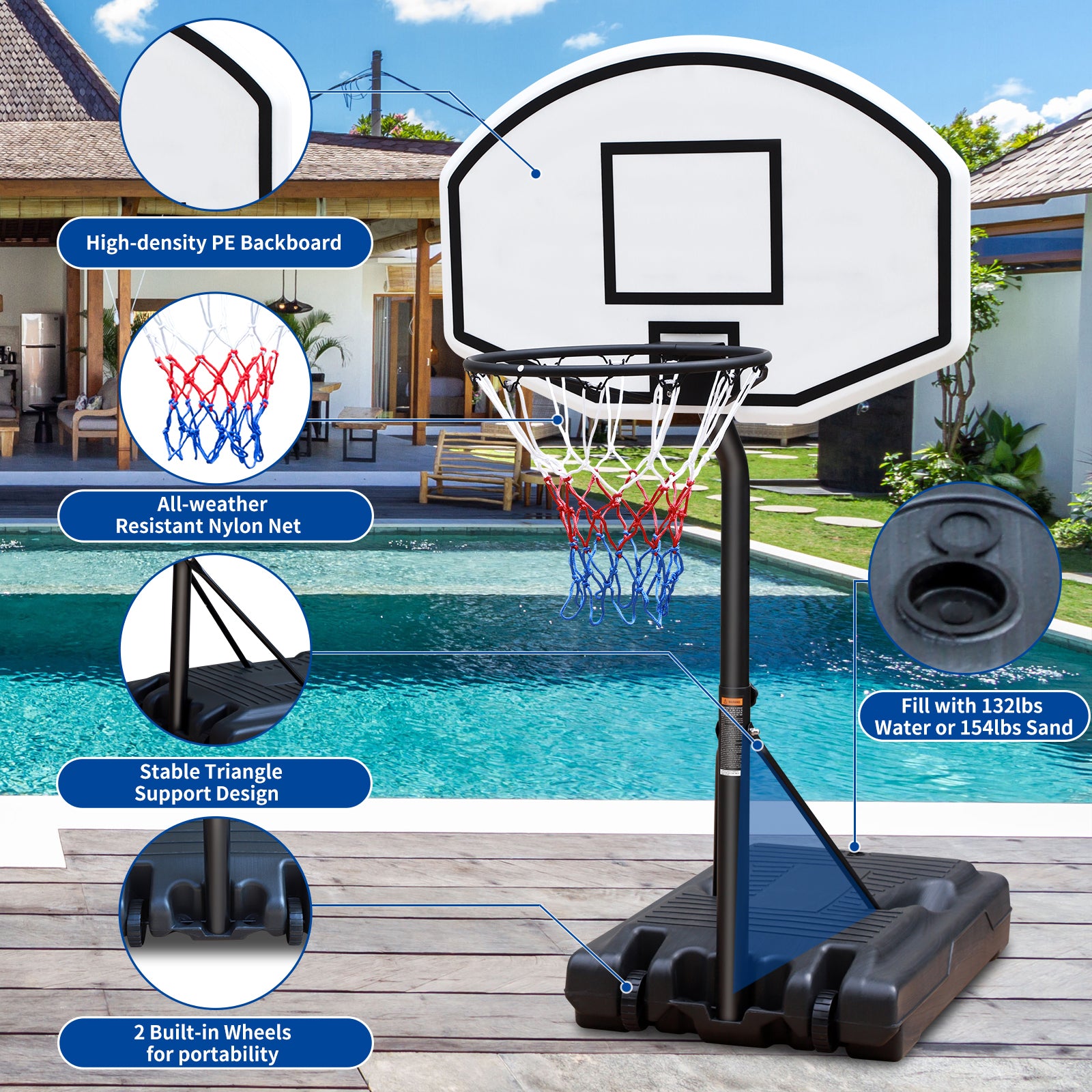 Portable Poolside Basketball Hoop Swimming Pool 3.1Ft To 4.7Ft Height Adjustable Basketball System Goal Stand For Kids White Black Steel