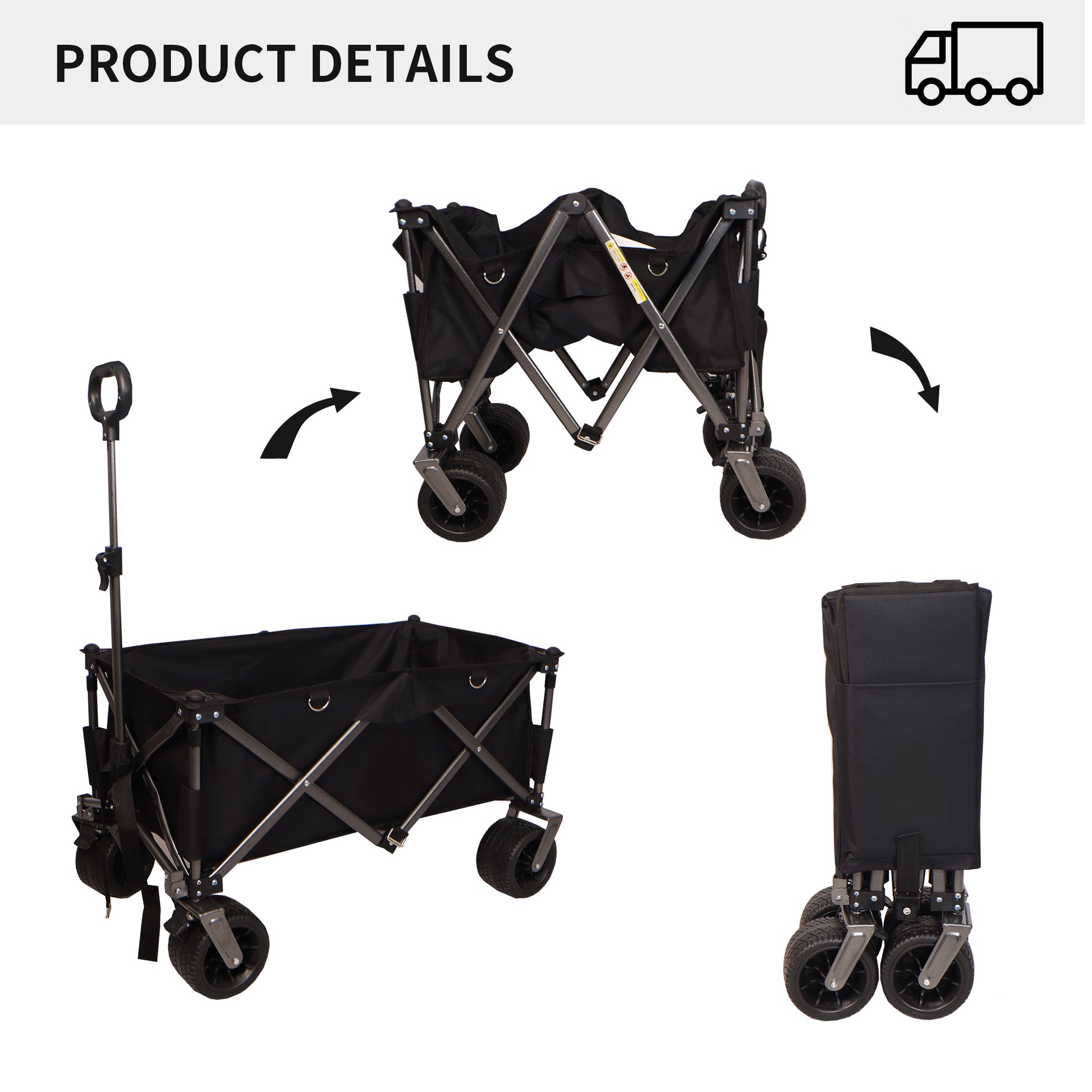 Folding Wagon, Heavy Duty Utility Beach Wagon Cart For Sand With Big Wheels, Adjustable Handle&Drink Holders For Shopping, Camping,Garden And Outdoor Black Garden & Outdoor American Design Fabric Steel