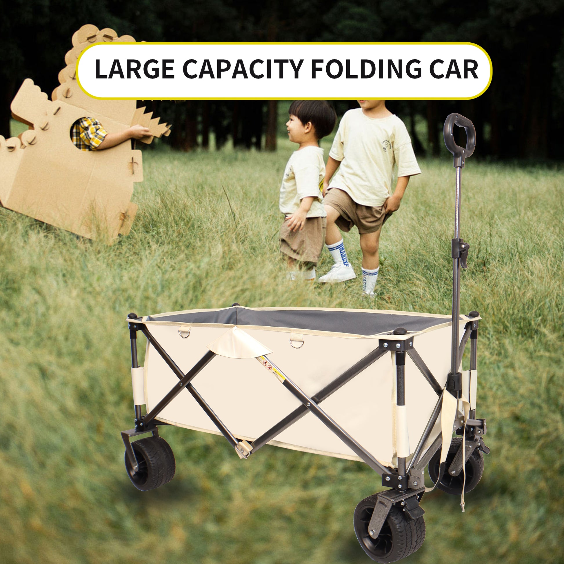 Folding Wagon, Heavy Duty Utility Beach Wagon Cart For Sand With Big Wheels, Adjustable Handle&Drink Holders For Shopping, Camping,Garden And Outdoor Antique White Gray Garden & Outdoor American Design Fabric Steel