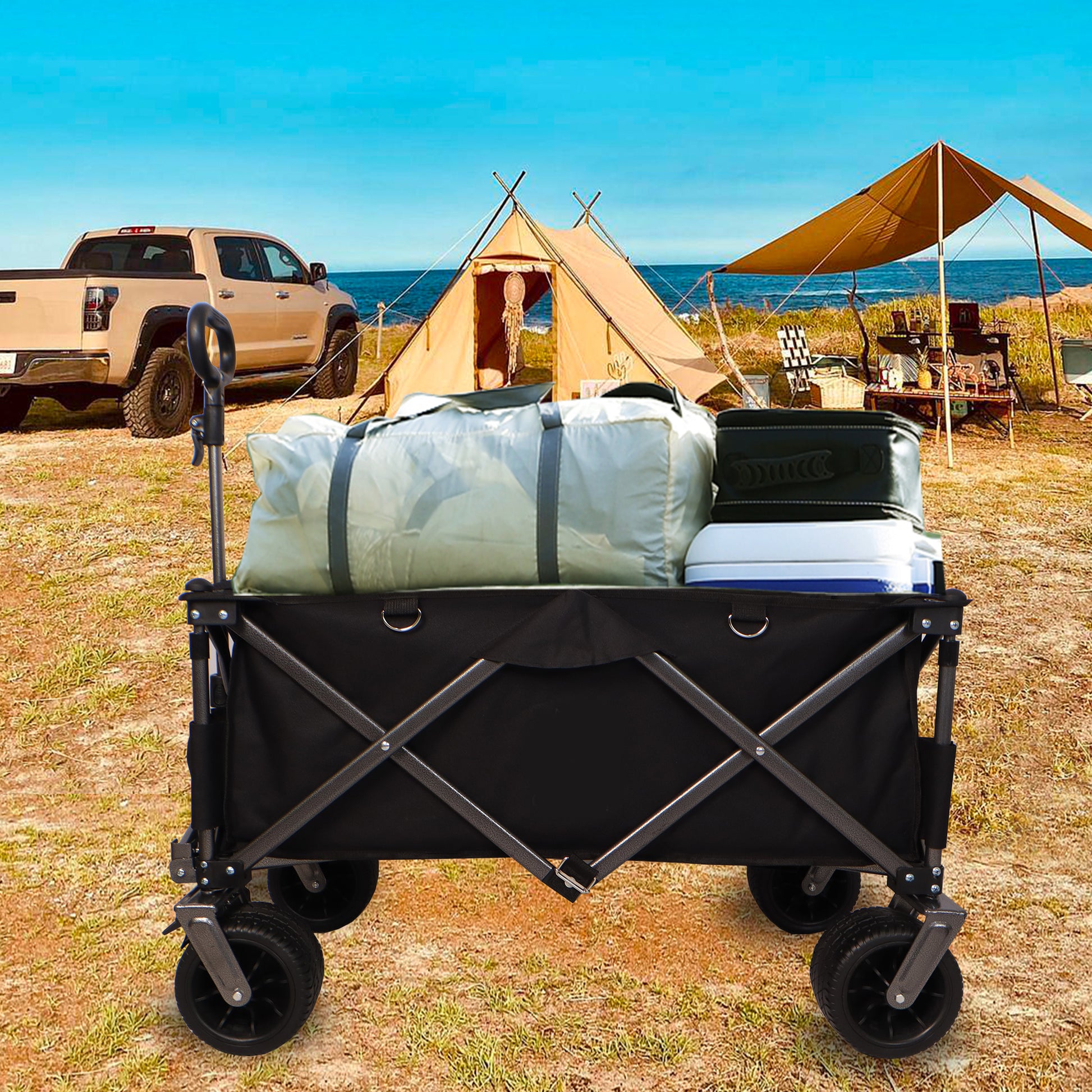 Folding Wagon, Heavy Duty Utility Beach Wagon Cart For Sand With Big Wheels, Adjustable Handle&Drink Holders For Shopping, Camping,Garden And Outdoor Black Garden & Outdoor American Design Fabric Steel