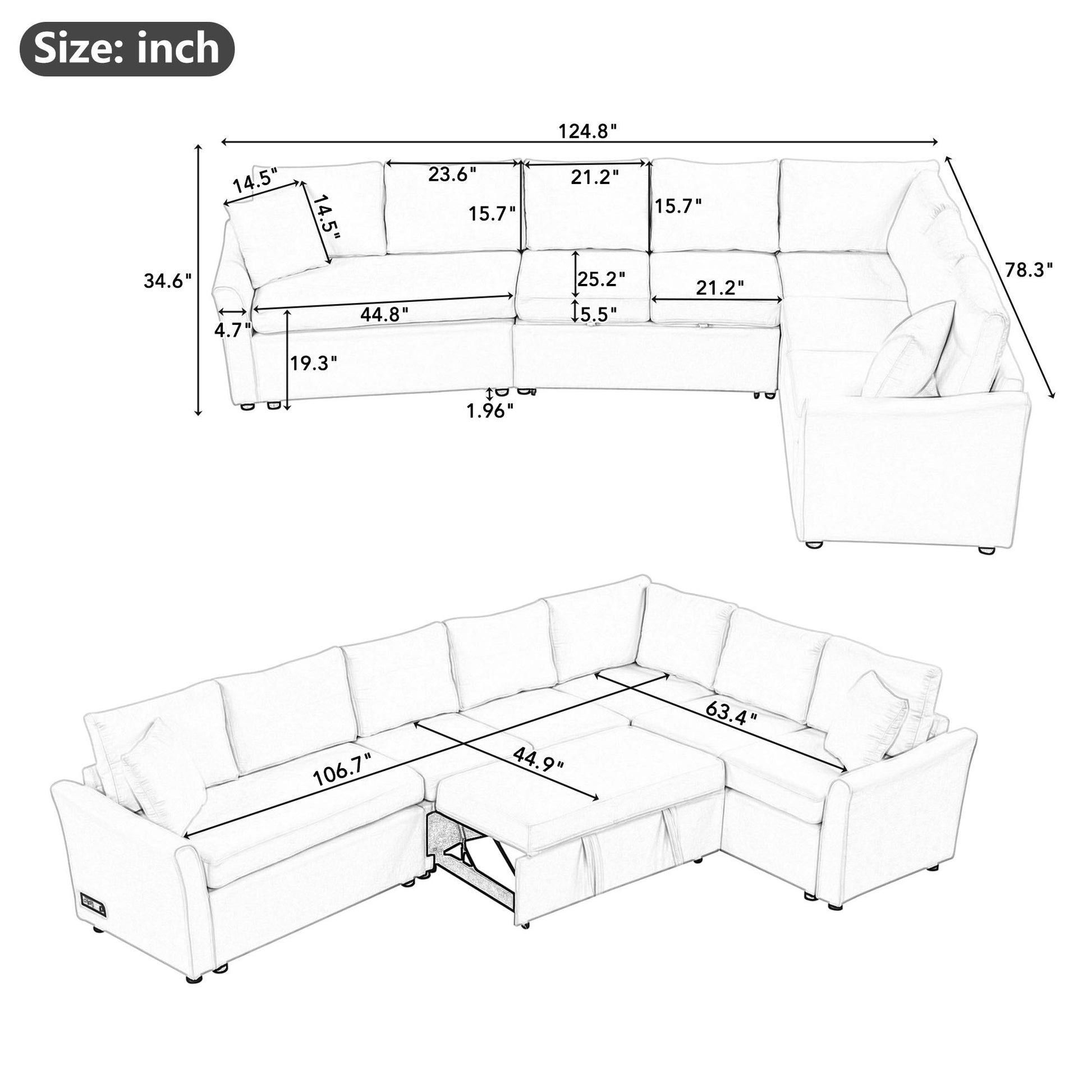 124.8"L Shaped Sofa Convertible Sofa Bed Pull Out Sofa Sleeper With Two Back Pillows, Two Usb Ports And Two Power Sockets For Living Room, Gray Old Sku:Sg000890Aae Gray Foam Chenille 6 Seat