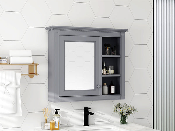 30'' X 28'' Medicine Cabinet, Wall Mounted Bathroom Storage Cabinet, Modern Bathroom Wall Cabinet With Mirror,Medicine Cabinet, Mirror Cabinet With 3 Open Shelves Not Include Bathroom Vanity Grey 1 5 Mirror Included Bathroom Wall Mounted Mdf Glass