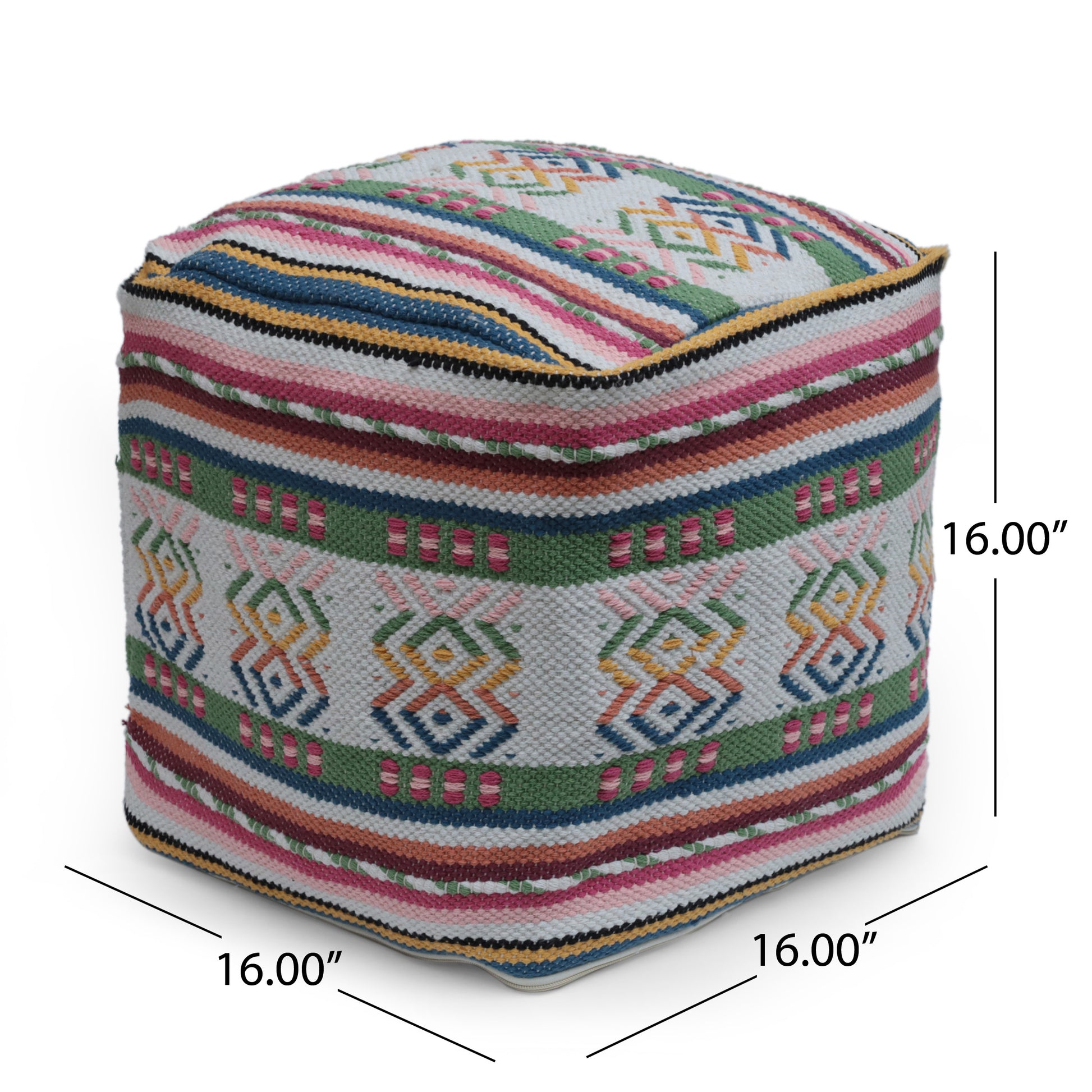 Inca Handcrafted Peruvian Print Square Pouf, White, Pink, Multicolor Multicolor Fabric