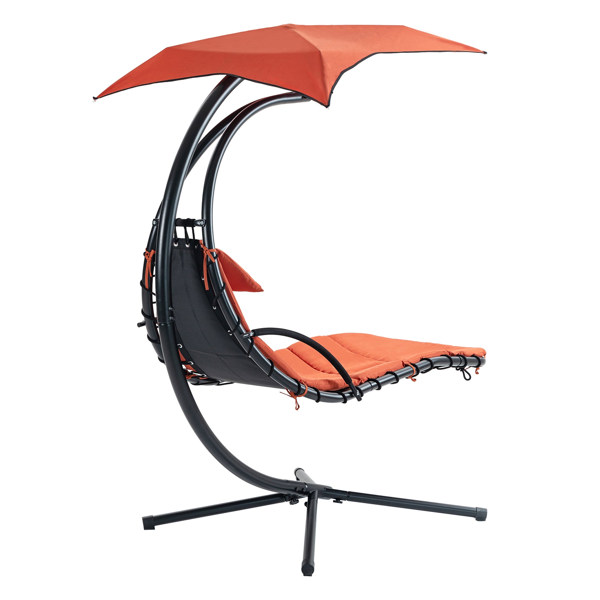 Hanging Chaise Lounger With Removable Canopy, Outdoor Swing Chair With Built In Pillow, Hanging Curved Chaise Lounge Chair Swing For Patio Porch Poolside, Hammock Chair With Stand Orange Orange