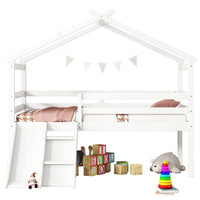 Twin Low Loft House Bed With Slide, Ladder, Safety Guardrails, House Roof Frame,White Twin White American Design Pine