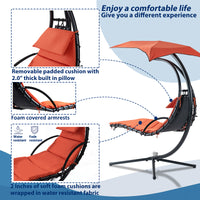 Hanging Chaise Lounger With Removable Canopy, Outdoor Swing Chair With Built In Pillow, Hanging Curved Chaise Lounge Chair Swing For Patio Porch Poolside, Hammock Chair With Stand Orange Orange