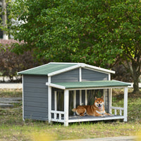 47.2" Large Wooden Dog House Outdoor, Outdoor & Indoor Dog Crate, Cabin Style, With Porch, 2 Doors, Gray And Green Gray Outdoor Kennel Medium 26 40 Lbs Solid Wood