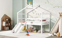 Twin Low Loft House Bed With Slide, Ladder, Safety Guardrails, House Roof Frame,White Twin White American Design Pine