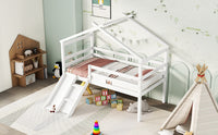 Twin Low Loft House Bed With Slide, Ladder, Safety Guardrails, House Roof Frame,White Twin White American Design Pine