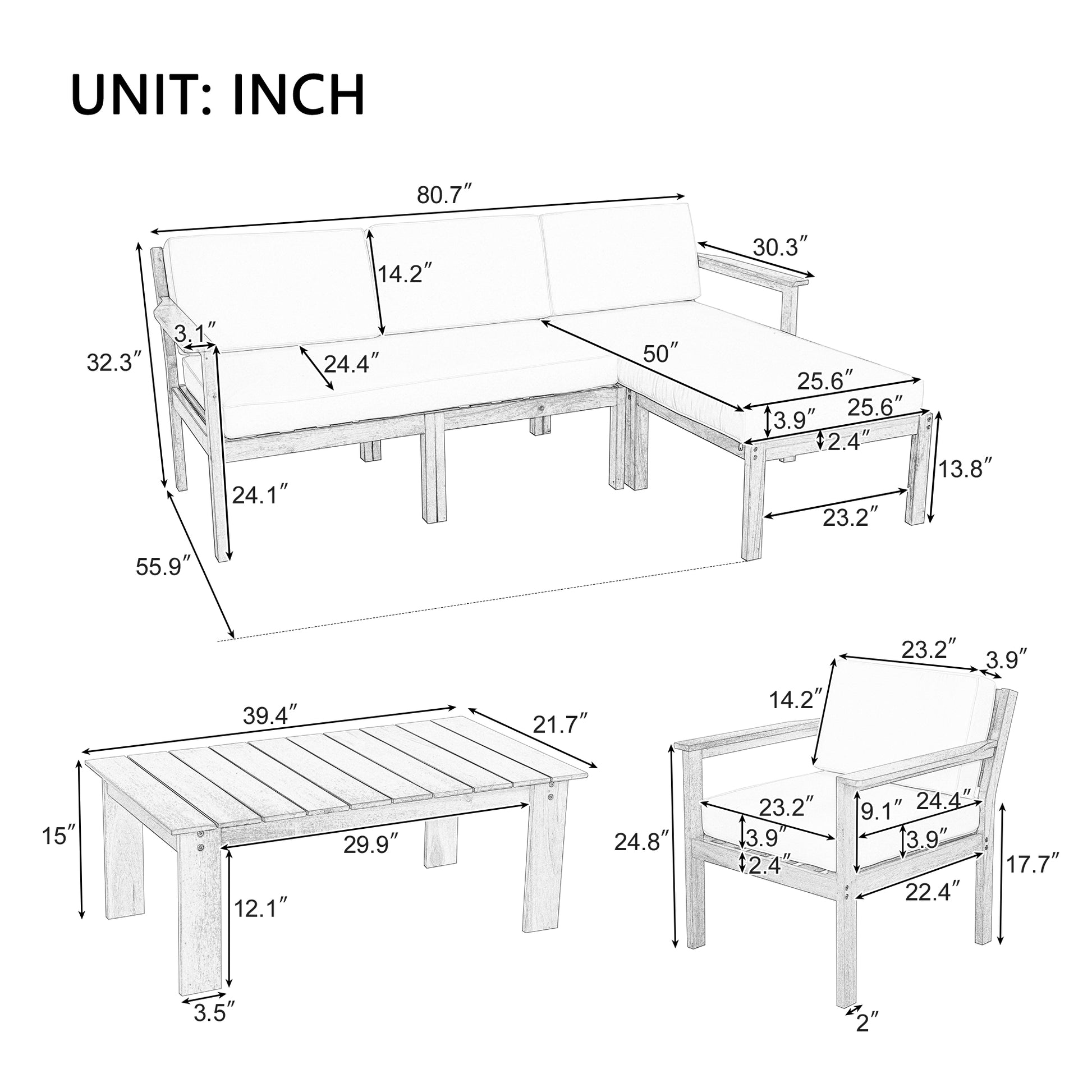 Multi Person Sofa Set With A Small Table, Suitable For Gardens, Backyards, And Balconies. Gray Acacia Wood