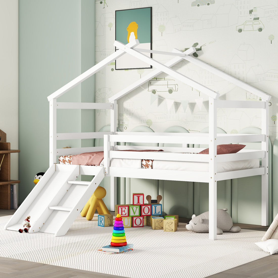 Twin Low Loft House Bed With Slide, Ladder, Safety Guardrails, House Roof Frame,White Twin White American Design Pine