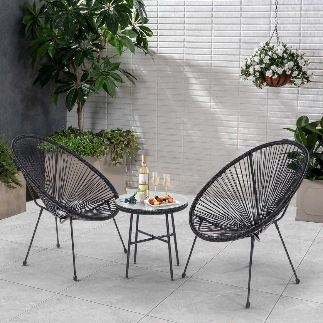 3 Piece Patio Bistro Conversation Set With Side Table, Acapulco All Weather Pe Rattan Chair Set,Flexible Rope Furniture Outdoor With Coffee Table,For Garden,Backyard,Balcony Or Poolside Black No Black Weather Resistant Frame Garden & Outdoor Rattan Metal