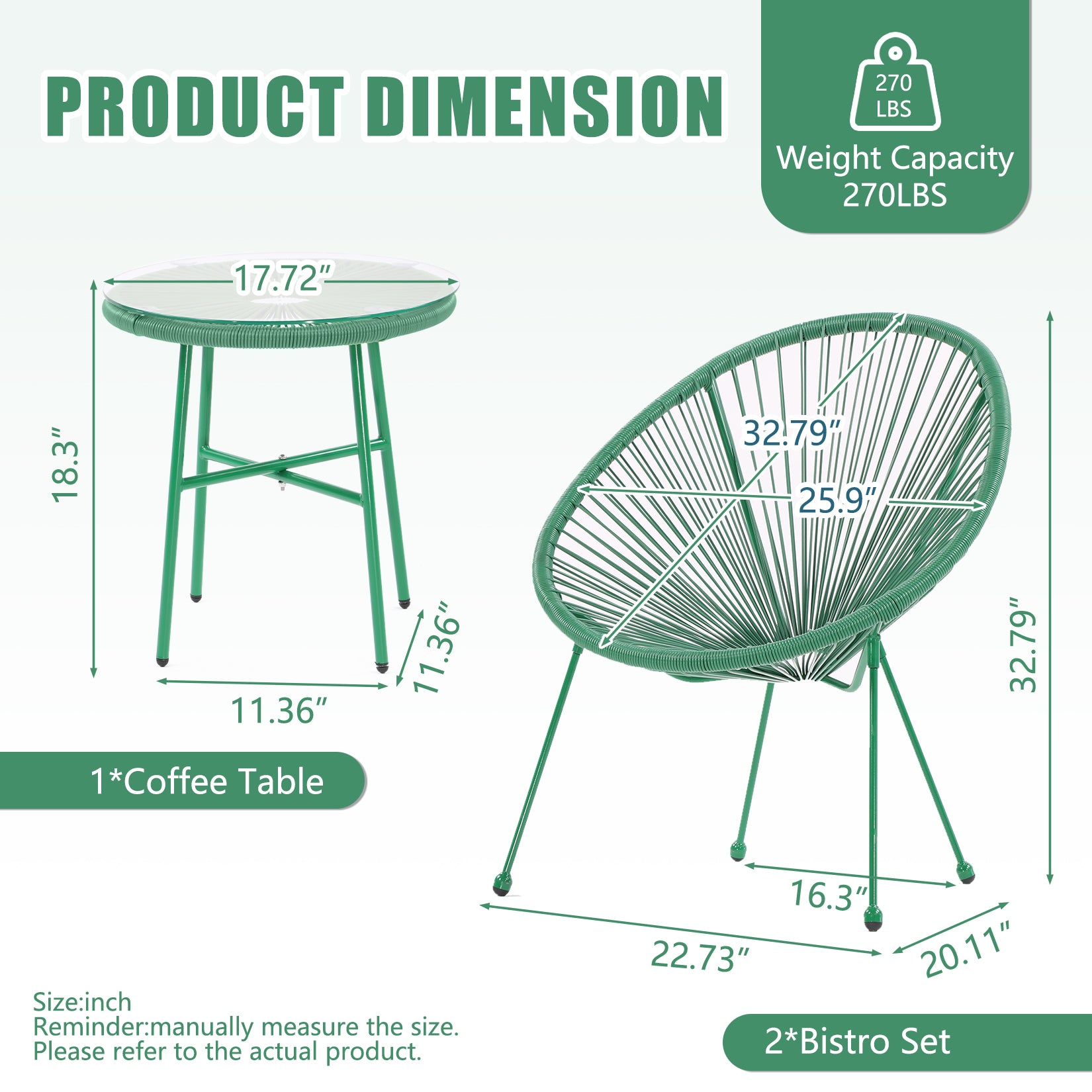 3 Piece Patio Bistro Conversation Set With Side Table, Acapulco All Weather Pe Rattan Chair Set,Flexible Rope Furniture Outdoor With Coffee Table,For Garden,Backyard,Balcony Or Poolside Green No Green Weather Resistant Frame Garden & Outdoor Rattan Metal