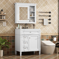 30'' Bathroom Vanity With Top Sink, Modern Bathroom Storage Cabinet With 2 Drawers And A Tip Out Drawer, Freestanding Vanity Set With Mirror Cabinet, Single Sink Bathroom Vanity 3 White 2 5 Bathroom Freestanding Solid Wood Mdf Resin Painted