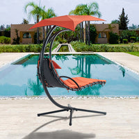 Hanging Chaise Lounger With Removable Canopy, Outdoor Swing Chair With Built In Pillow, Hanging Curved Chaise Lounge Chair Swing For Patio Porch Poolside, Hammock Chair With Stand Orange Orange