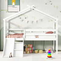 Twin Low Loft House Bed With Slide, Ladder, Safety Guardrails, House Roof Frame,White Twin White American Design Pine