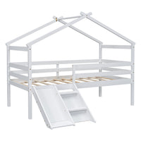 Twin Low Loft House Bed With Slide, Ladder, Safety Guardrails, House Roof Frame,White Twin White American Design Pine