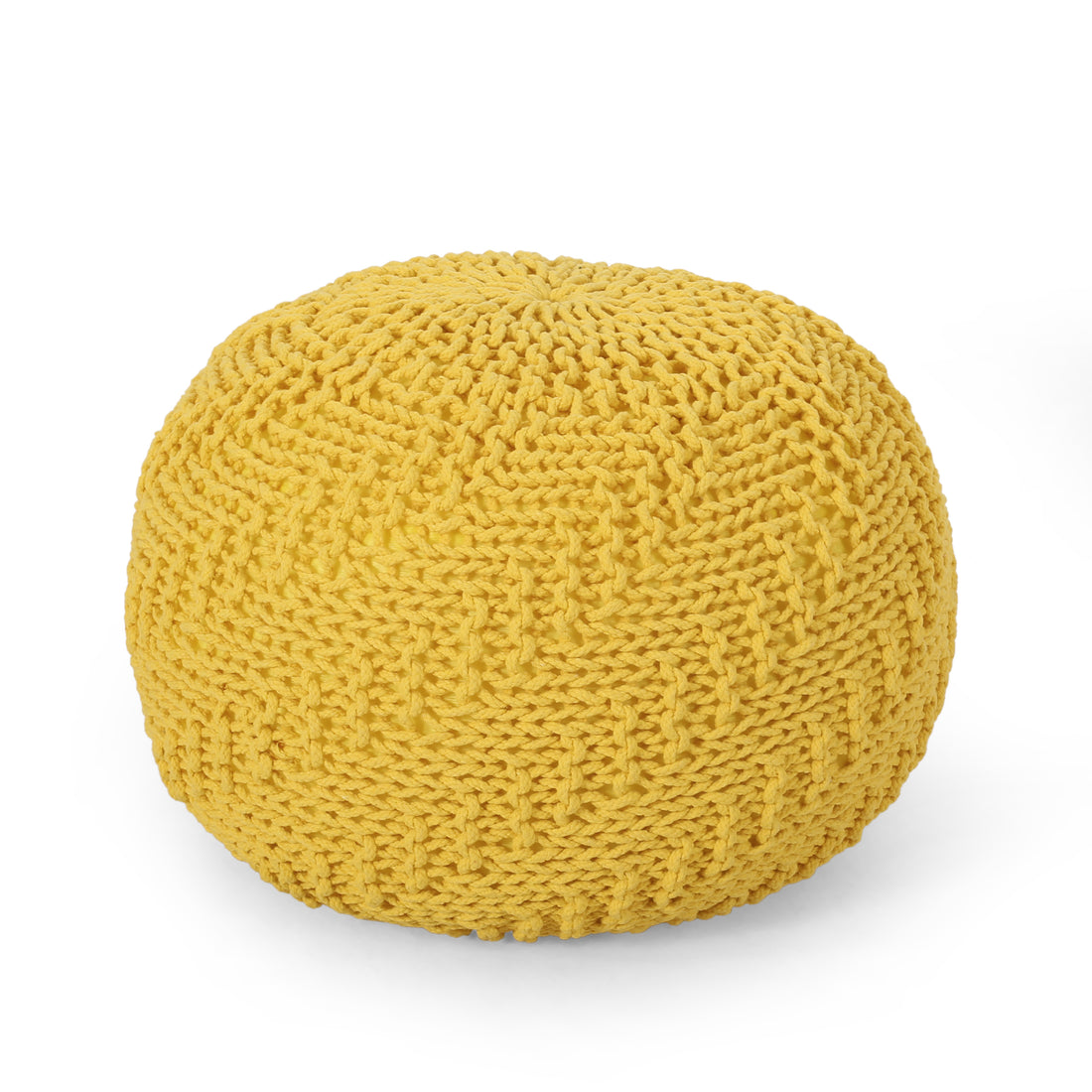 Bordeaux Knitted Cotton Round Pouf, Yellow Yellow Cotton