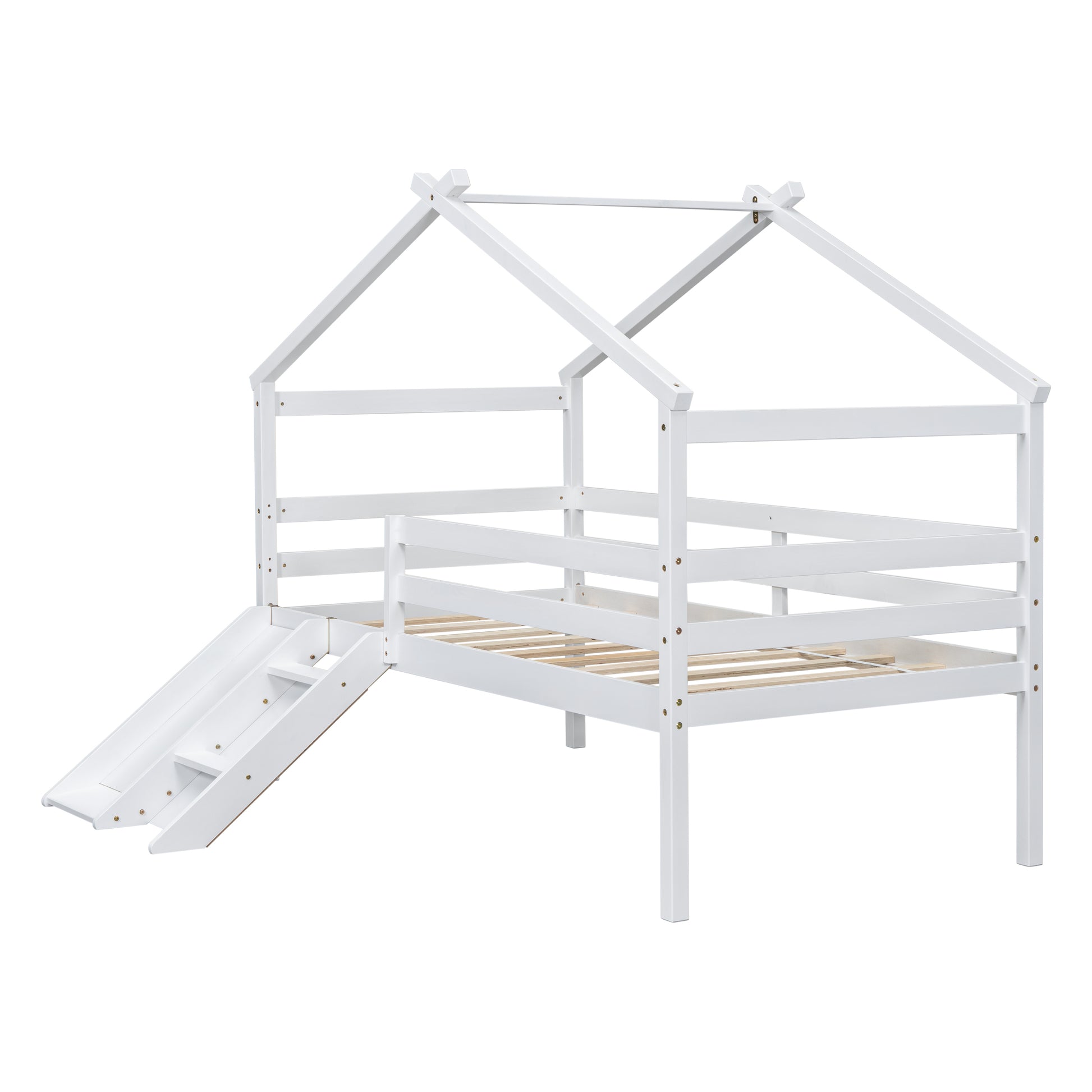 Twin Low Loft House Bed With Slide, Ladder, Safety Guardrails, House Roof Frame,White Twin White American Design Pine