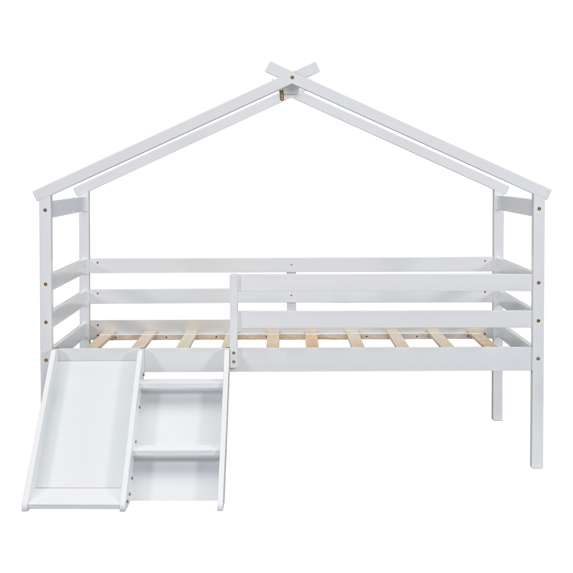 Twin Low Loft House Bed With Slide, Ladder, Safety Guardrails, House Roof Frame,White Twin White American Design Pine